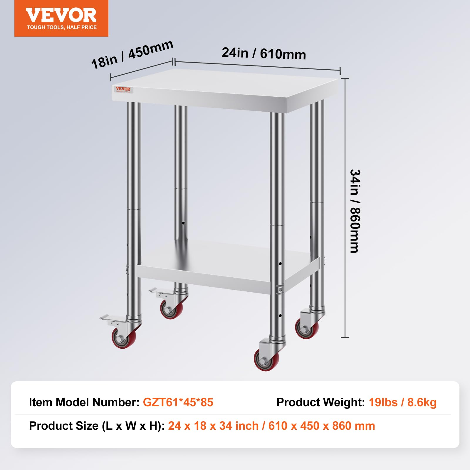 Edelstahltisch mit Rollen und Abmessungen 24x18x34 Zoll.