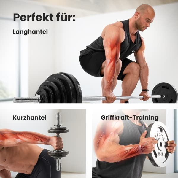Muskelillustrationen zeigen Übungen mit Langhantel, Kurzhantel und Hantelscheibe.