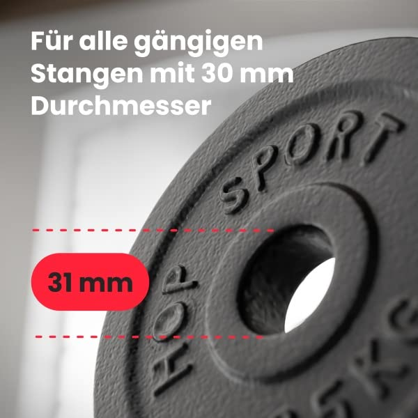 Graue Hantelscheibe mit 31 mm Bohrung für 30 mm Stangen.