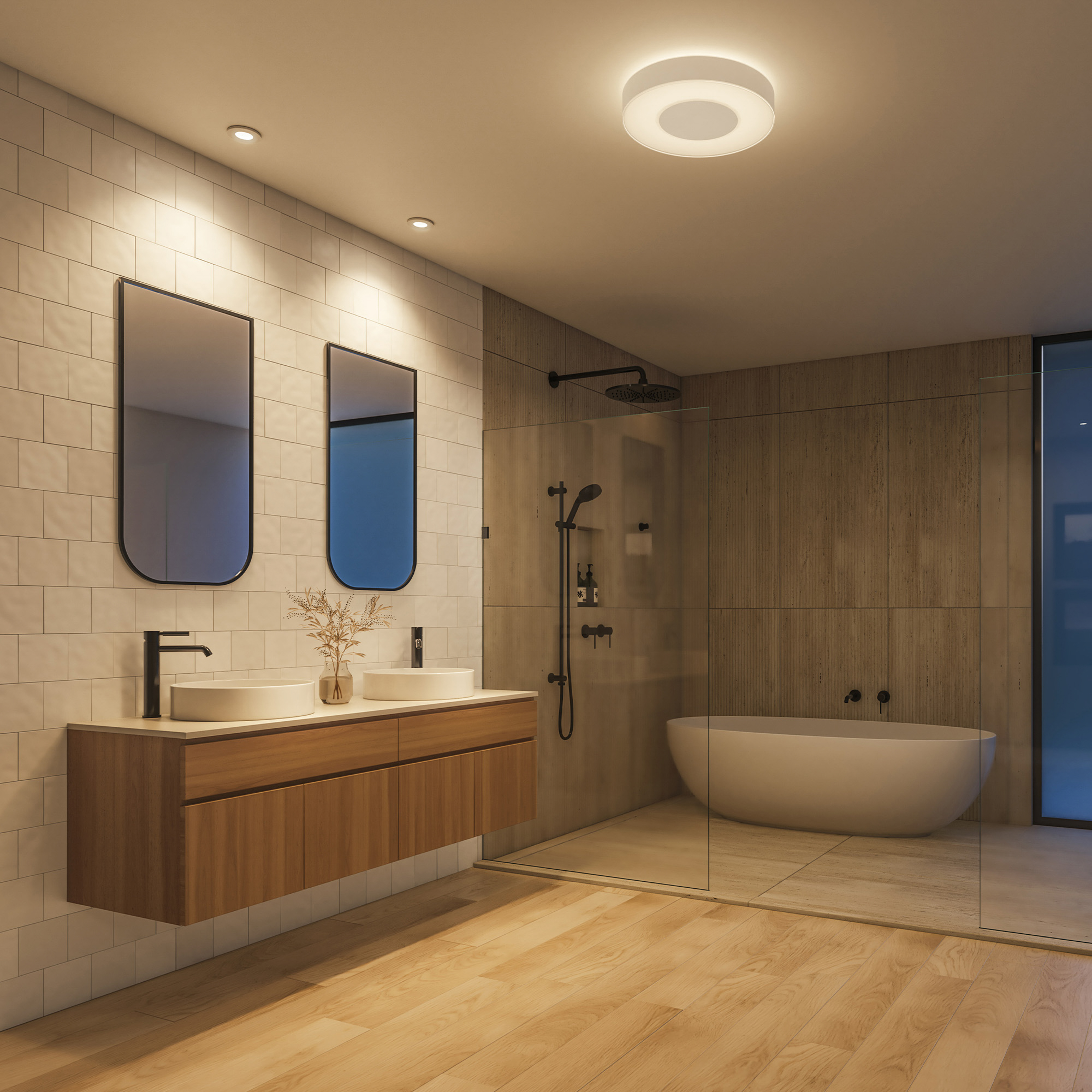 Un bagno moderno ha un mobile in legno con due lavandini, due specchi, una doccia in vetro e una vasca.