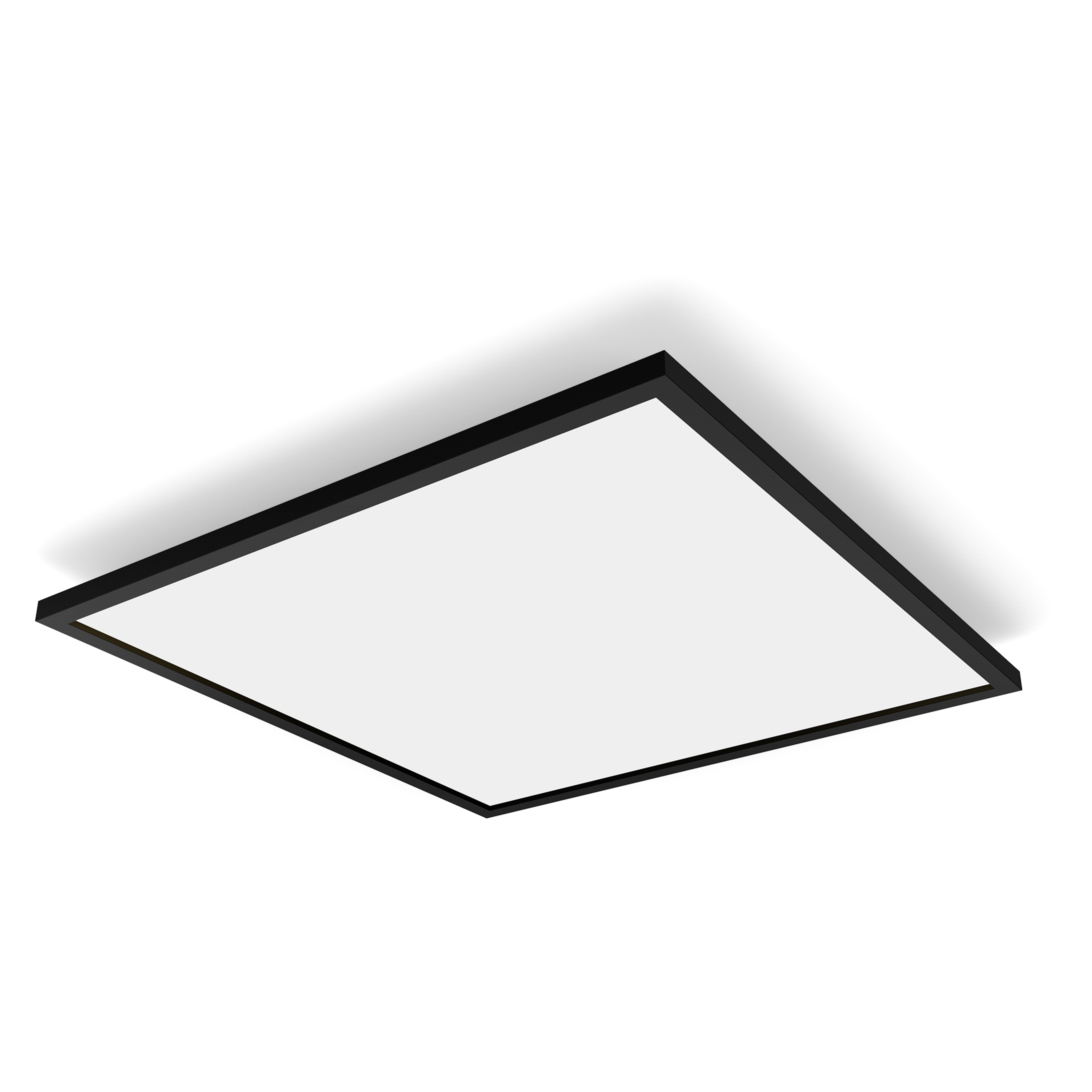 Una lampada da soffitto quadrata con cornice nera su sfondo bianco.