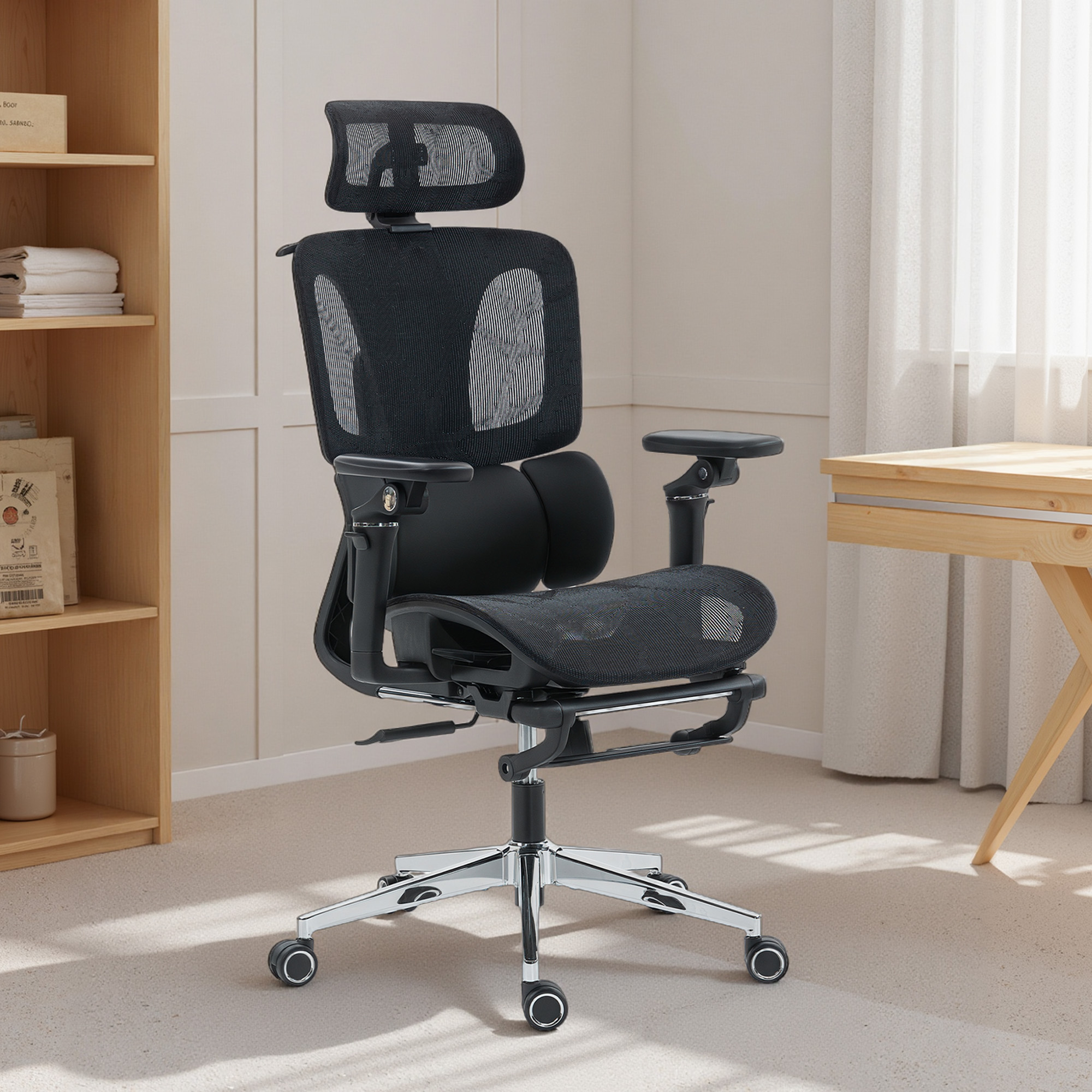 Una sedia da ufficio ergonomica nera con poggiatesta e schienale in rete su tappeto in una stanza luminosa.