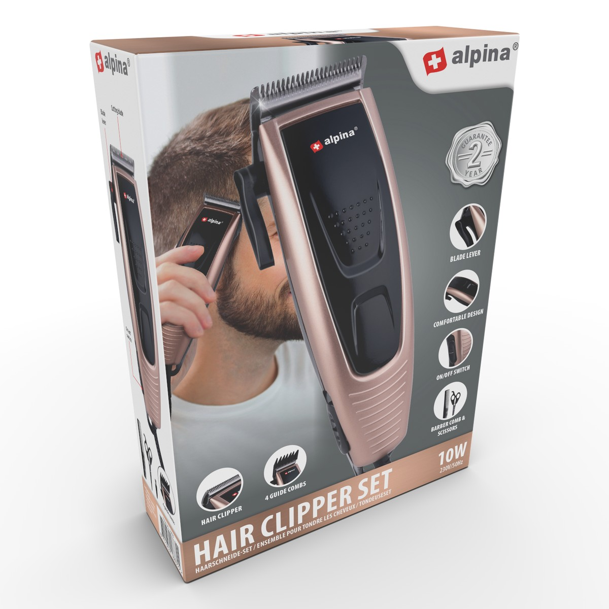 Packaging of an Alpina hair clipper set in rose gold and black with feature images and a man.