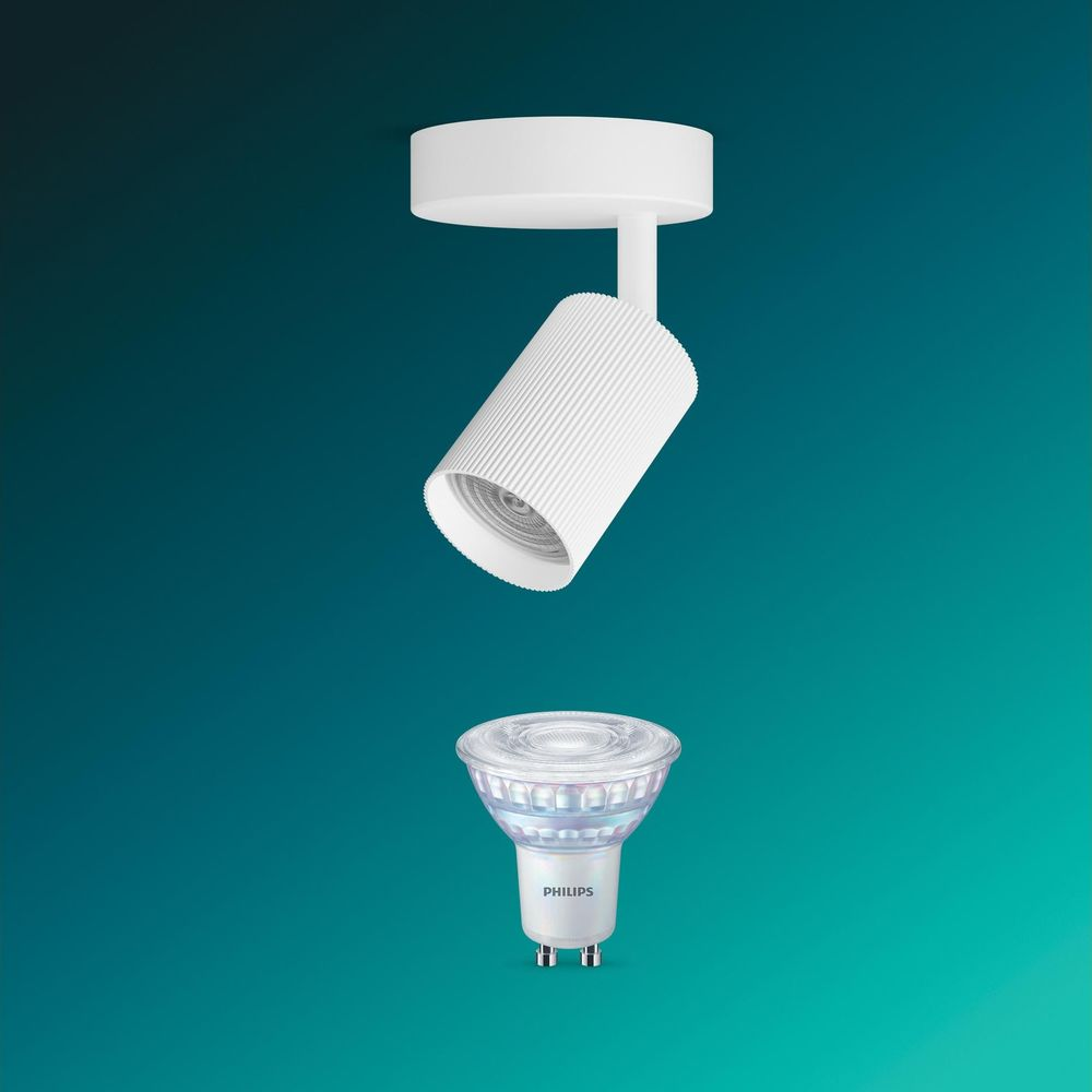 Eine weiße Deckenlampe mit geripptem Gehäuse und eine separate Philips LED-Glühbirne vor blauem Hintergrund.