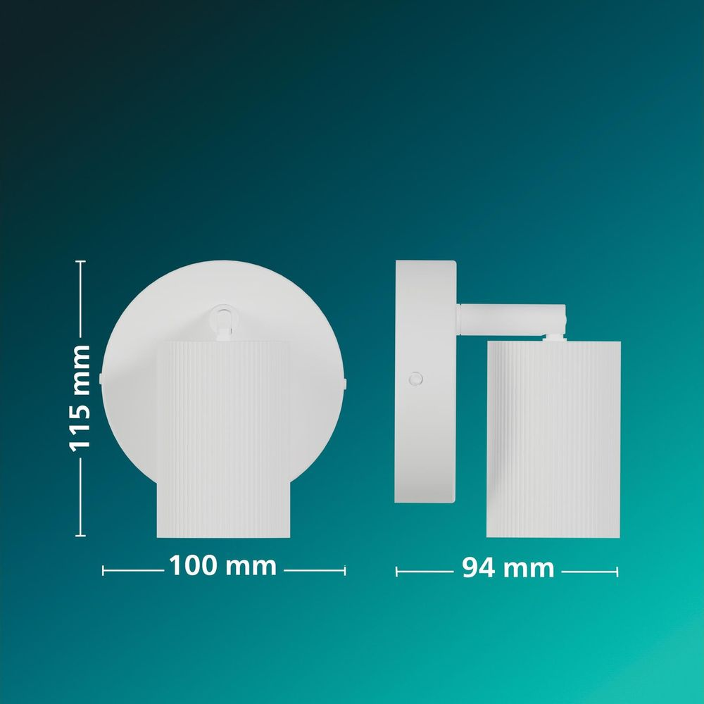 Technische Zeichnung einer weißen Wandlampe mit Maßen 115 mm Höhe, 100 mm Breite und 94 mm Tiefe auf tealblauem Hintergrund.