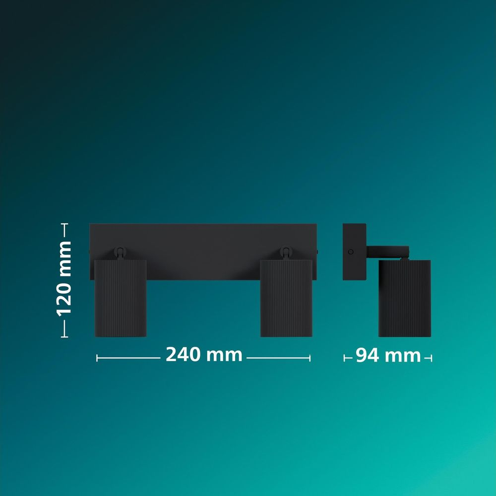 Technische Zeichnung einer schwarzen Wandleuchte mit Maßen: 120 mm Höhe, 240 mm Länge und 94 mm Tiefe vor blauem Hintergrund.