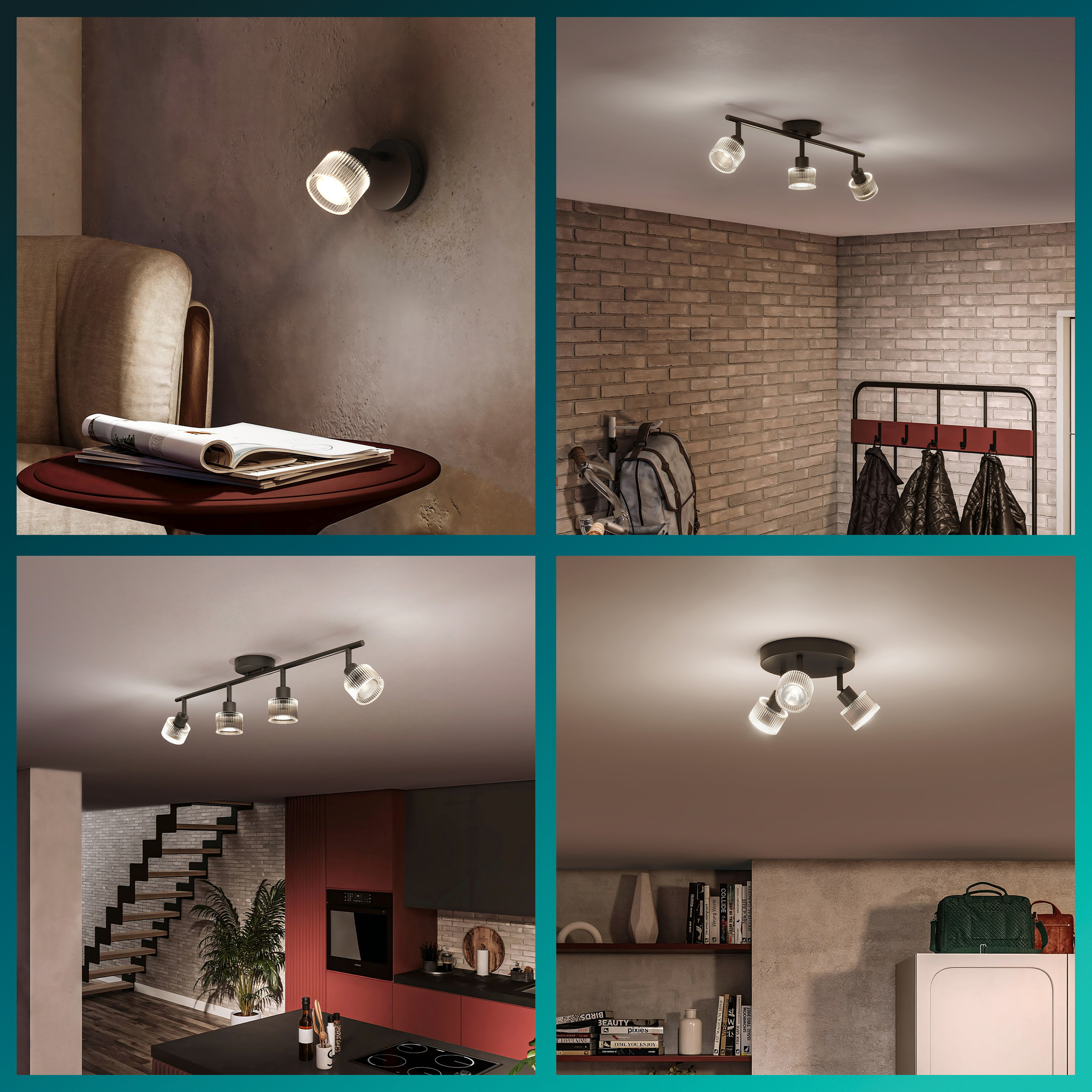 Collage aus vier Innenräumen mit modernen Decken- und Wandleuchten mit gerippten Glasschirmen.