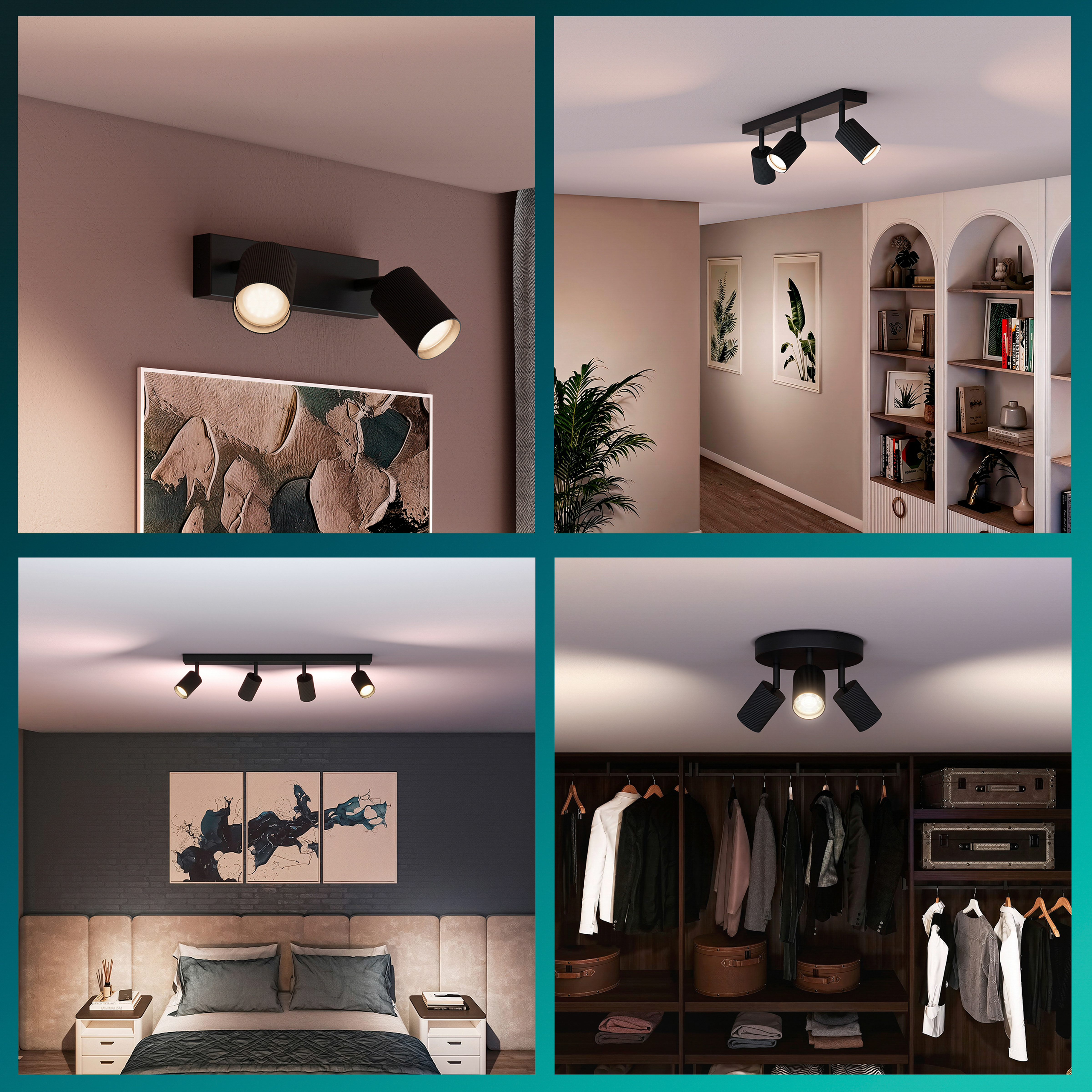 Collage von modernen schwarzen Wand- und Deckenstrahlern in verschiedenen Wohnräumen.