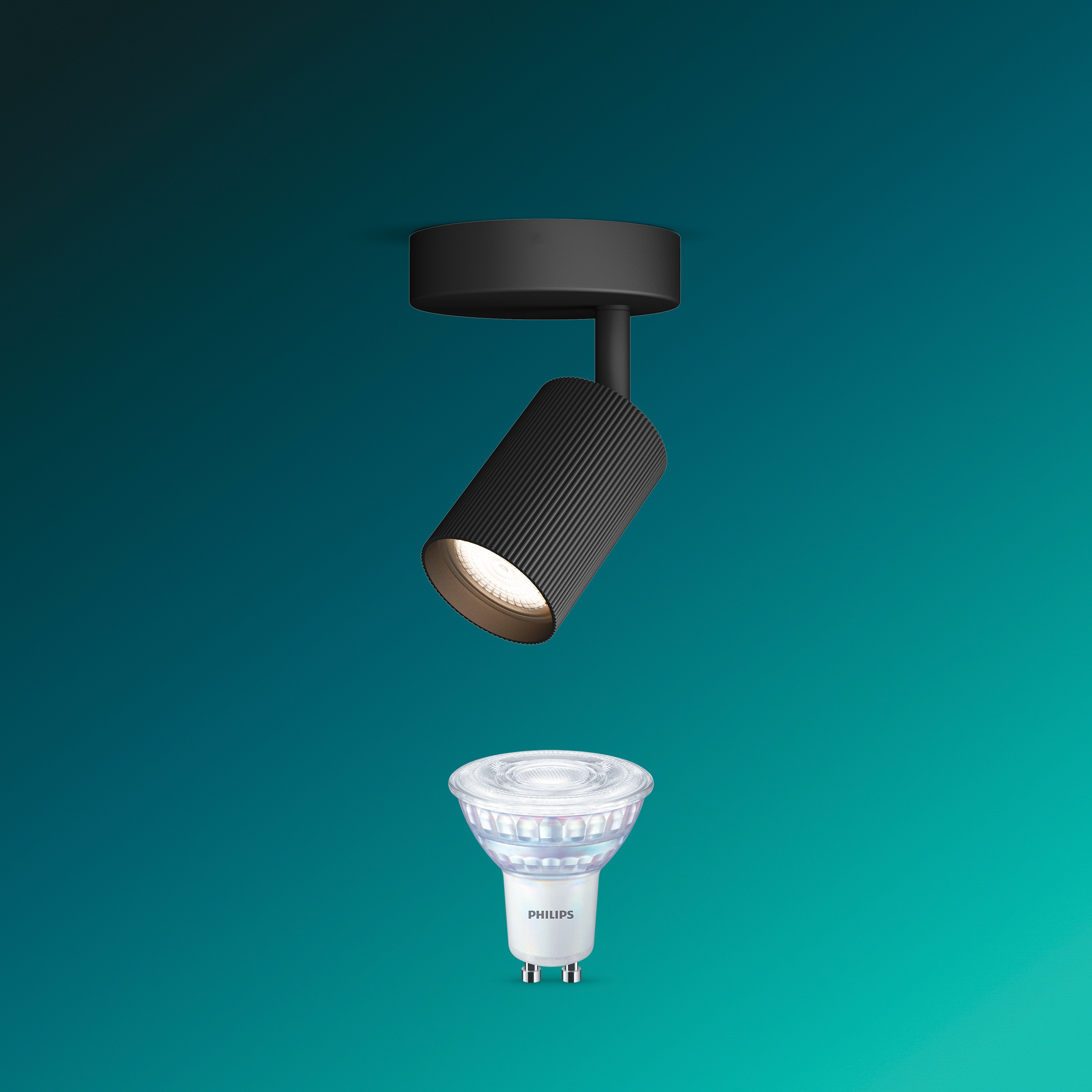 Schwarze Deckenleuchte mit geriffeltem Spot und Philips LED-Lampe davor auf türkisfarbenem Hintergrund.