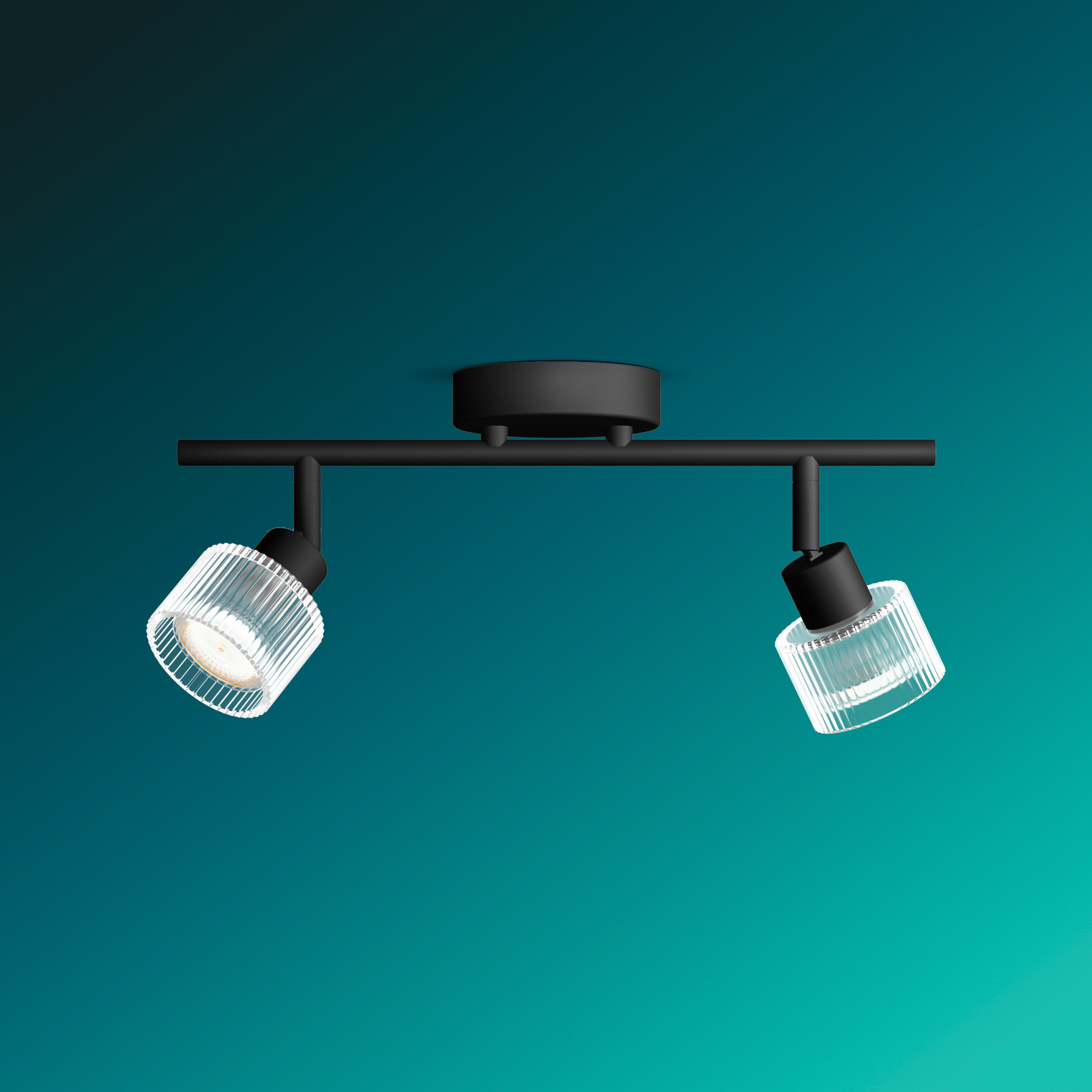 Eine schwarze Doppel-Spotlight-Leuchte mit gerippten Glasschirmen ist an einer tealgrünen Wand montiert.