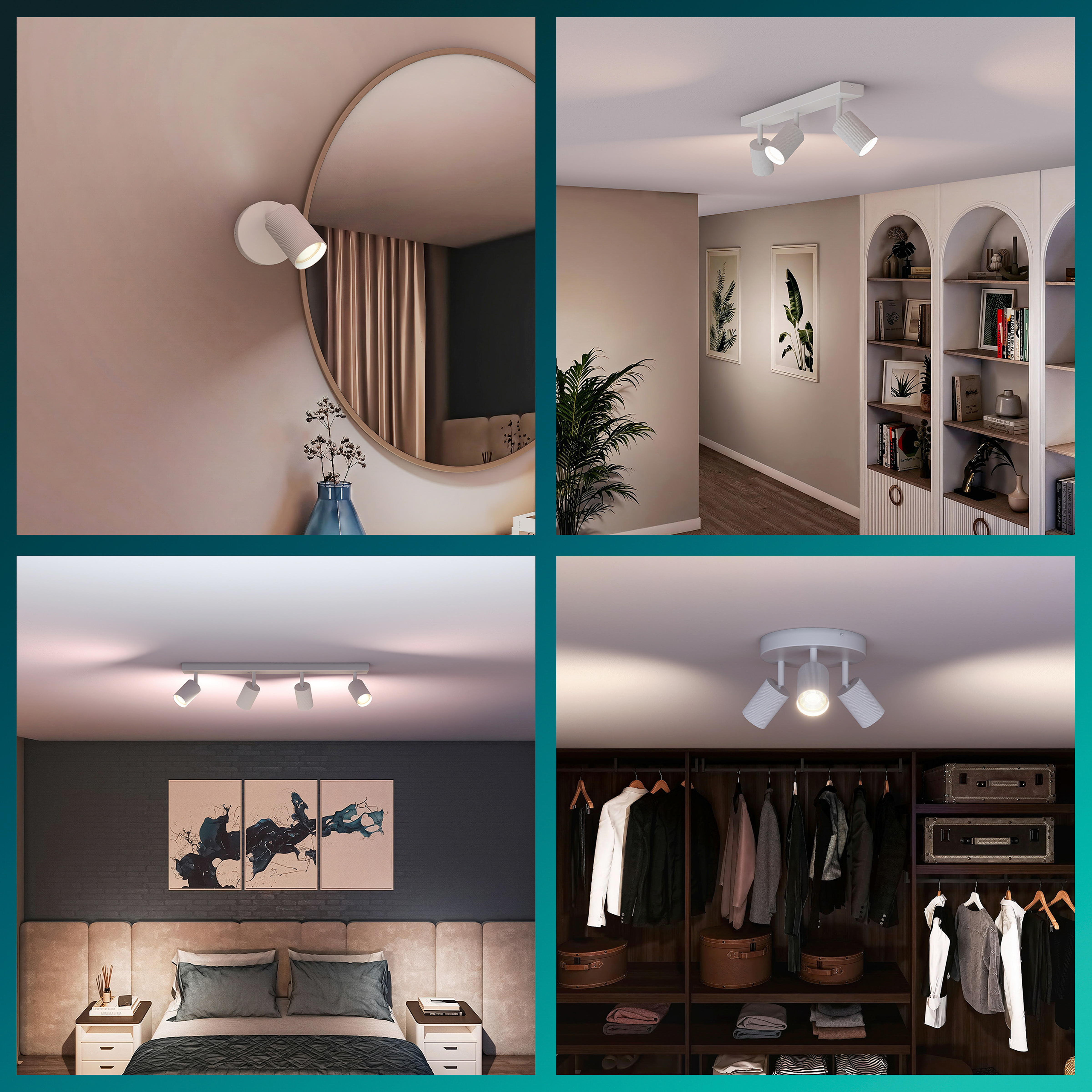 Vier Bilder zeigen weiße LED-Strahler in verschiedenen modernen Innenräumen wie Schlafzimmer und Flur.