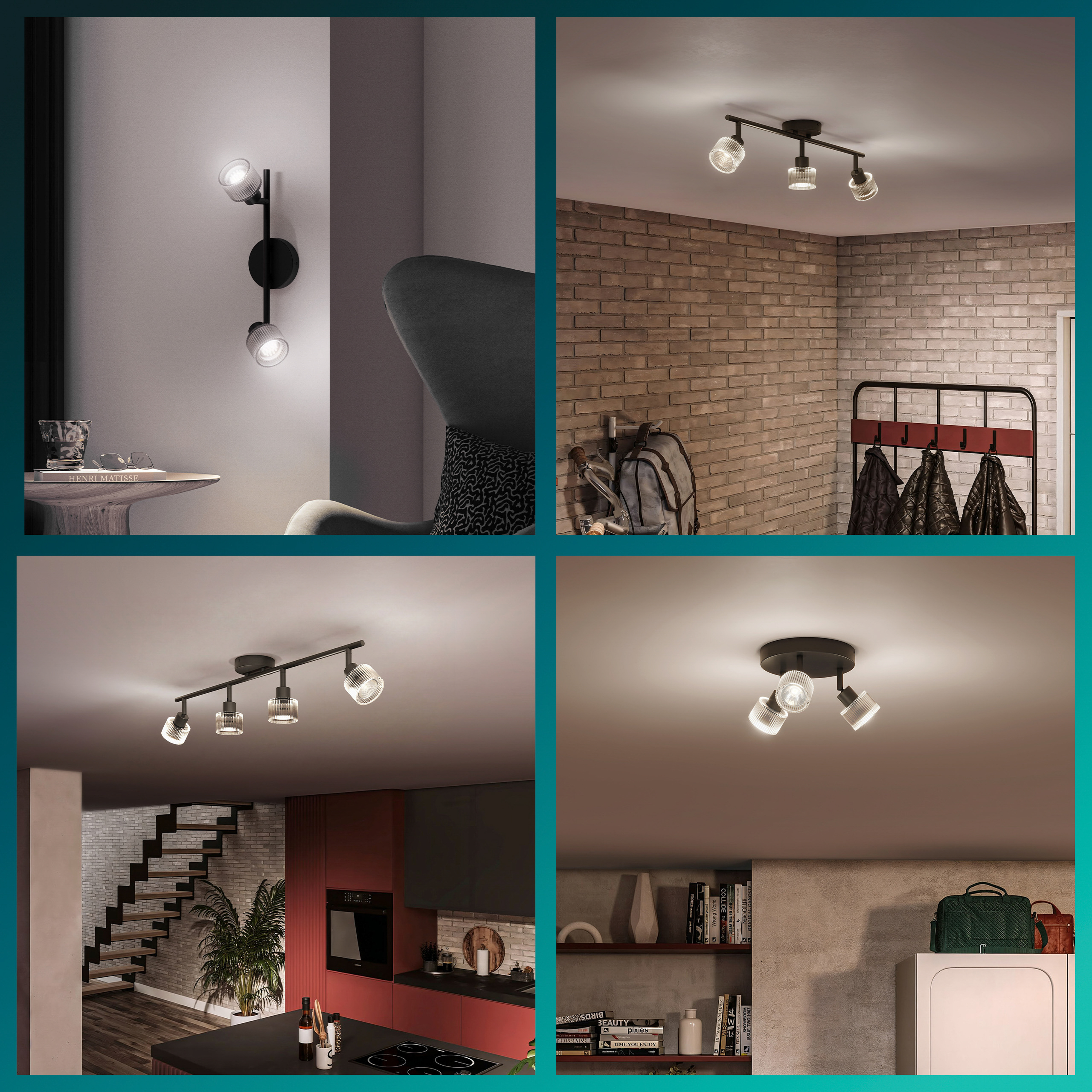 Eine Collage zeigt moderne schwarze Schienenbeleuchtung mit gerippten Glasschirmen an Wänden und Decken.
