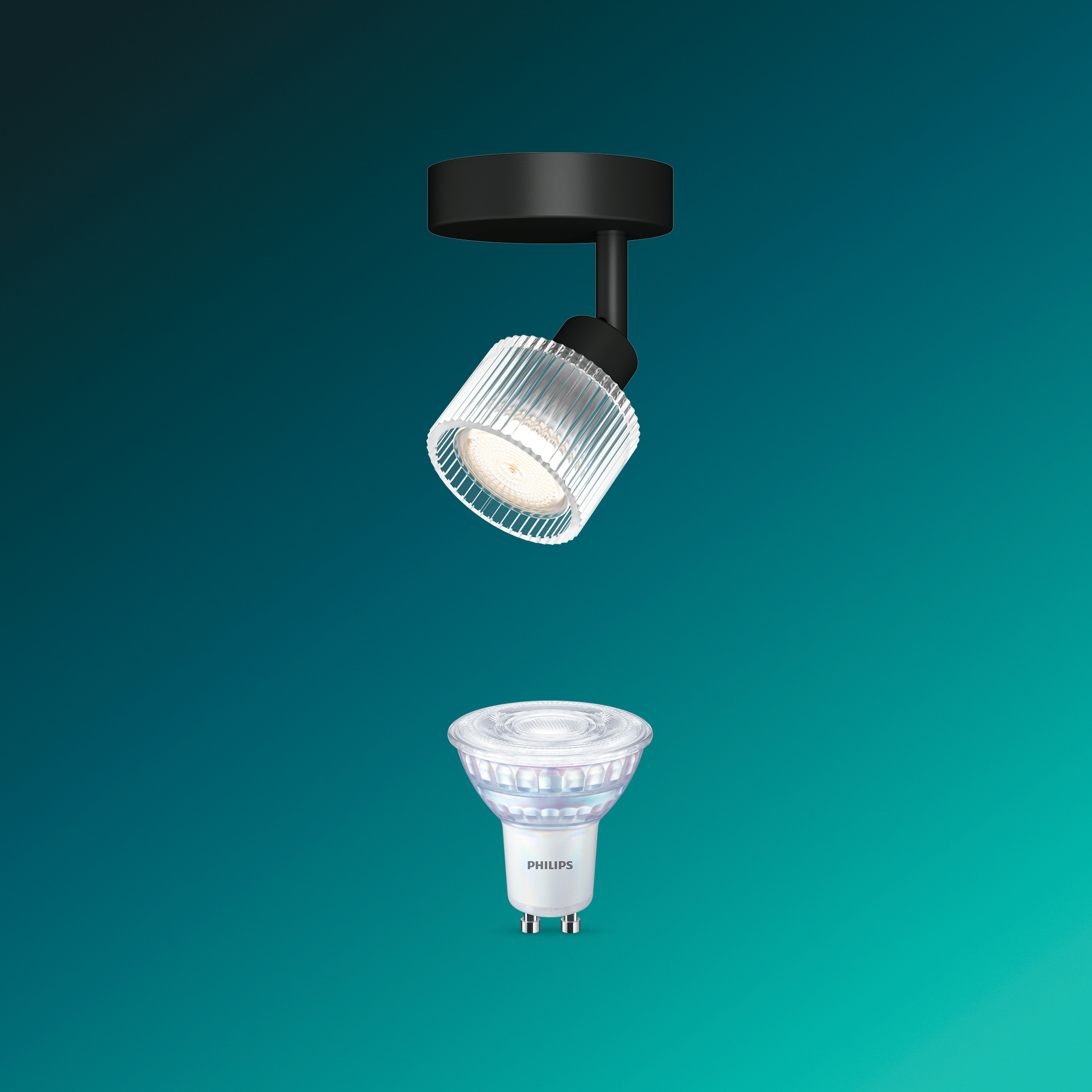 Schwarze Deckenleuchte mit geripptem Glas und separate Philips LED-Lampe vor tealblauem Hintergrund.