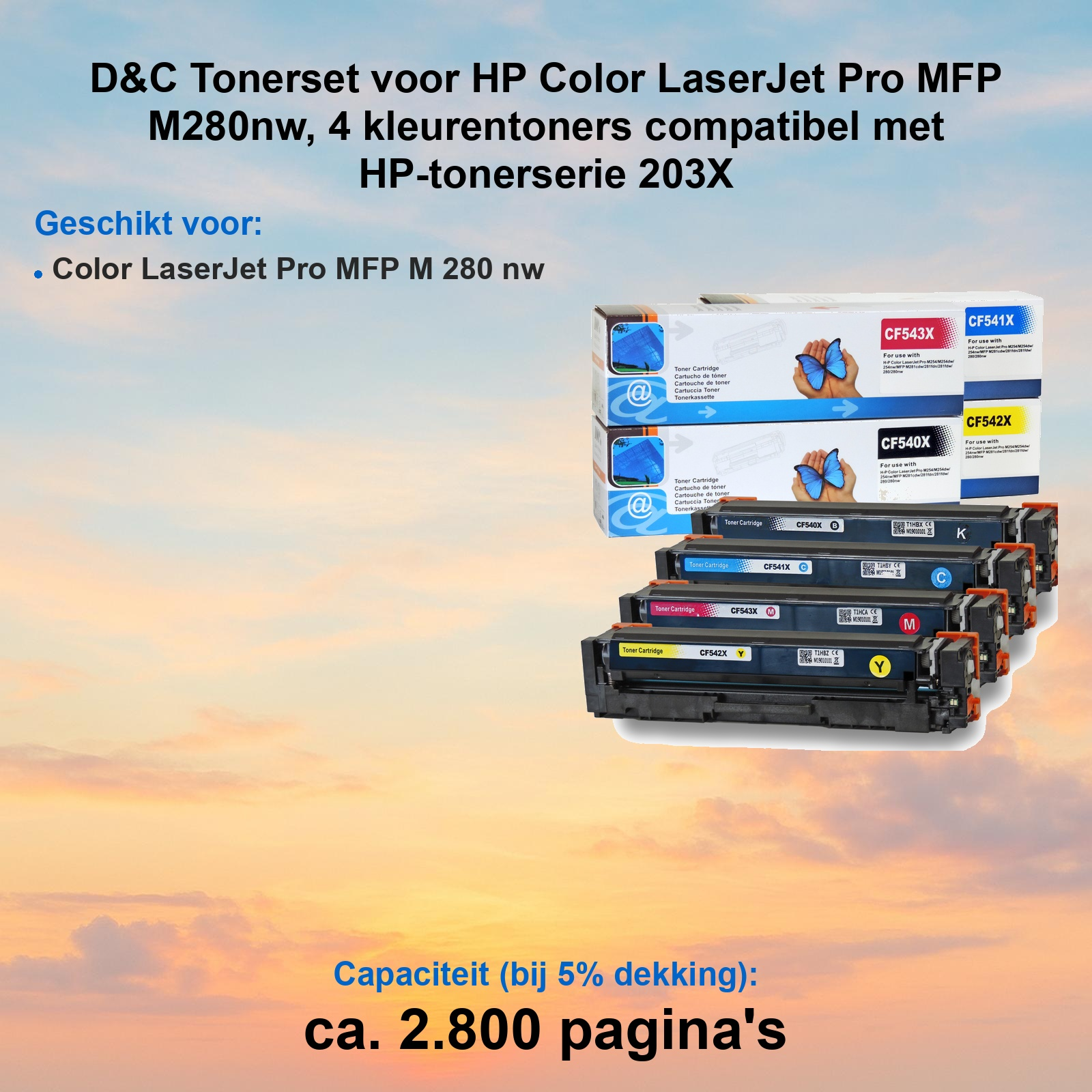 Vier bunte Tonerkassetten für HP LaserJet Pro Drucker vor einem orangefarbenen Himmel.