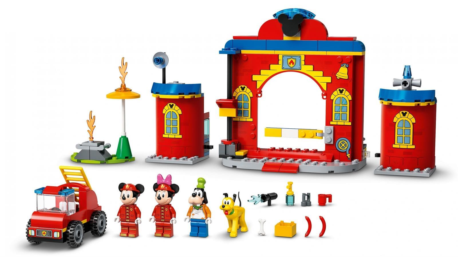 Lego Micky Maus Feuerwehr Set mit Figuren, Feuerwehrauto und Zubehör auf weißem Hintergrund.