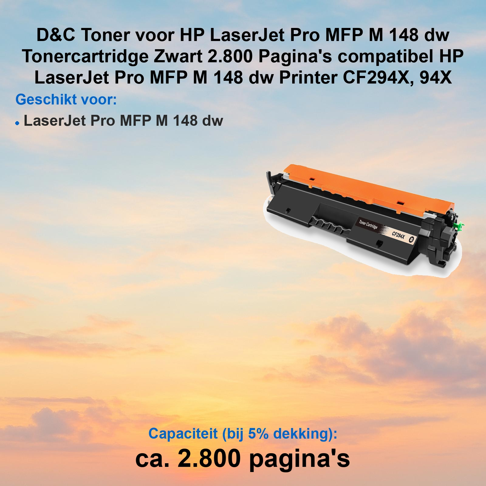 Schwarze Tonerpatrone für HP LaserJet Pro MFP, vor einem farbigen Sonnenuntergangshintergrund.