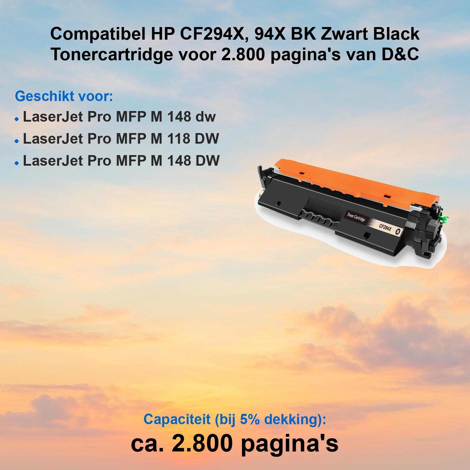 Kompatible HP CF294X schwarze Tonerkartusche vor einem Hintergrund mit Sonnenuntergang.