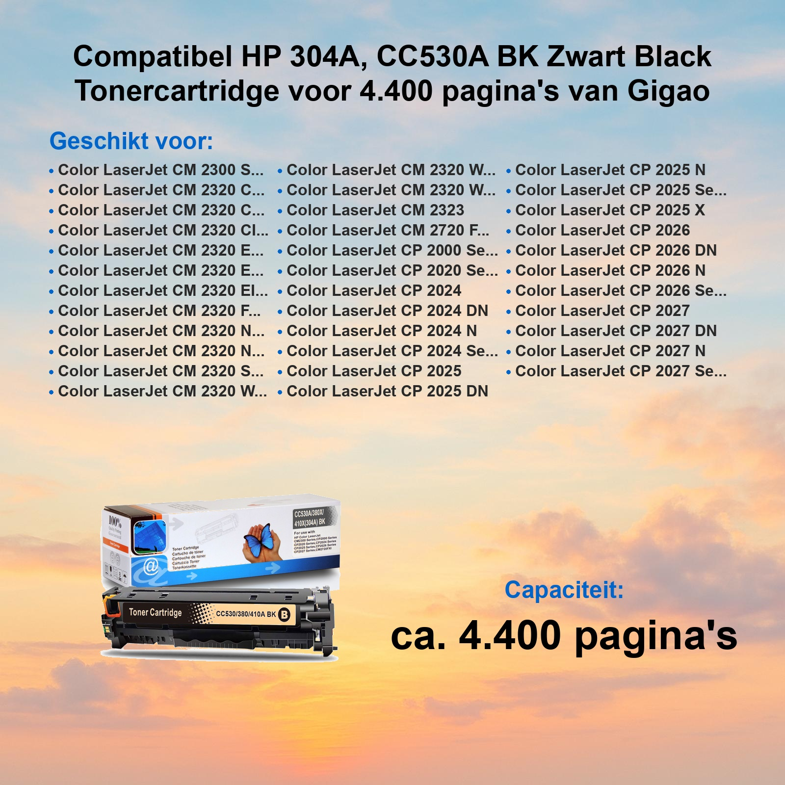 Kompatible HP Tonerpatrone mit schwarzer Farbe und einer Kapazität von 4400 Seiten vor Sonnenuntergangshintergrund.