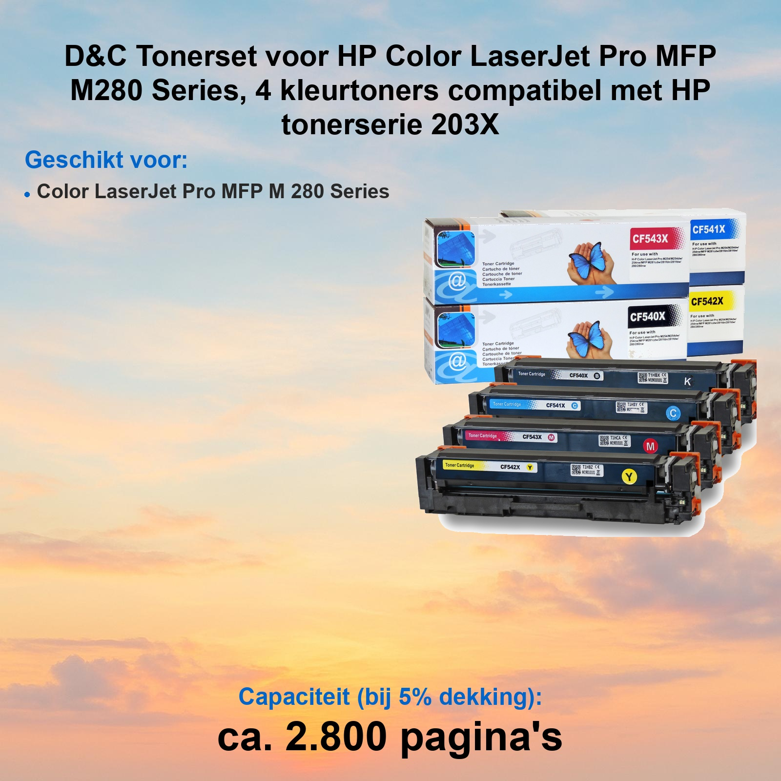 D&C Tonerset für HP M280 Serie mit vier kompatiblen Farbtonern und Verpackung.
