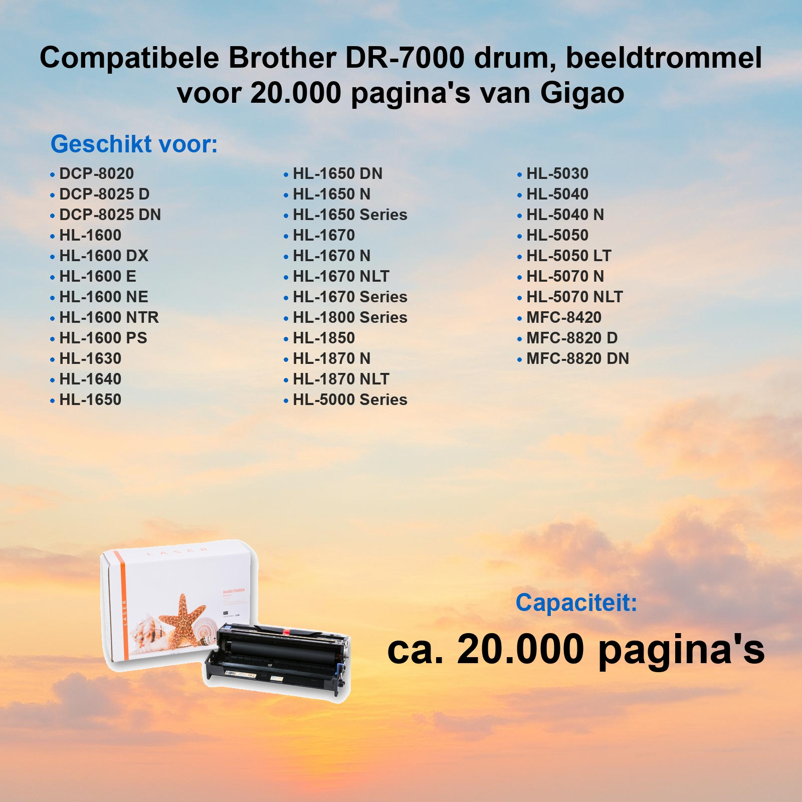 Eine Anzeige für eine kompatible Brother DR-7000 Trommeleinheit mit Druckerliste und Sonnenuntergang.