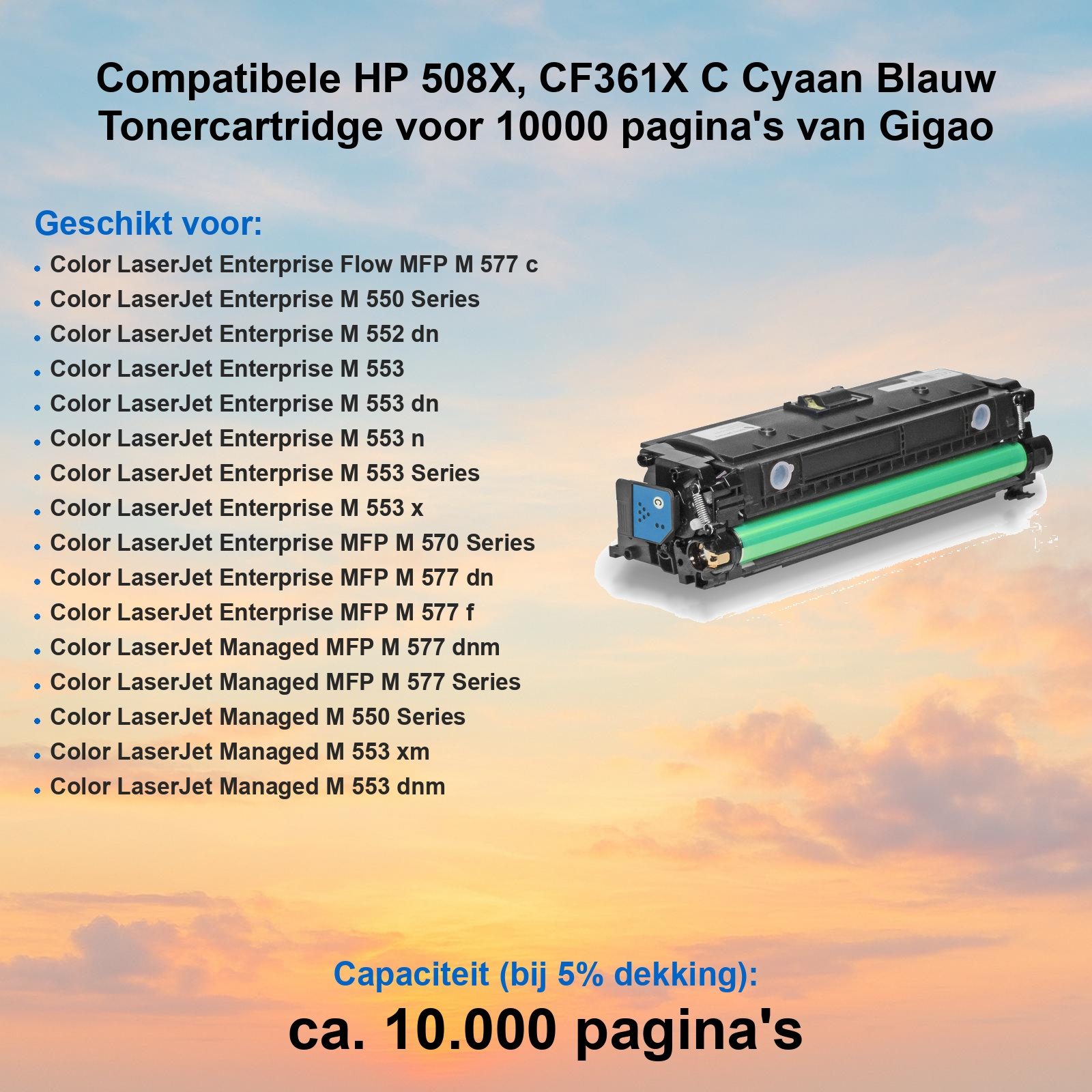 Blaue HP 508X Tonerkartusche vor einem Himmelshintergrund mit Kompatibilitätsliste.