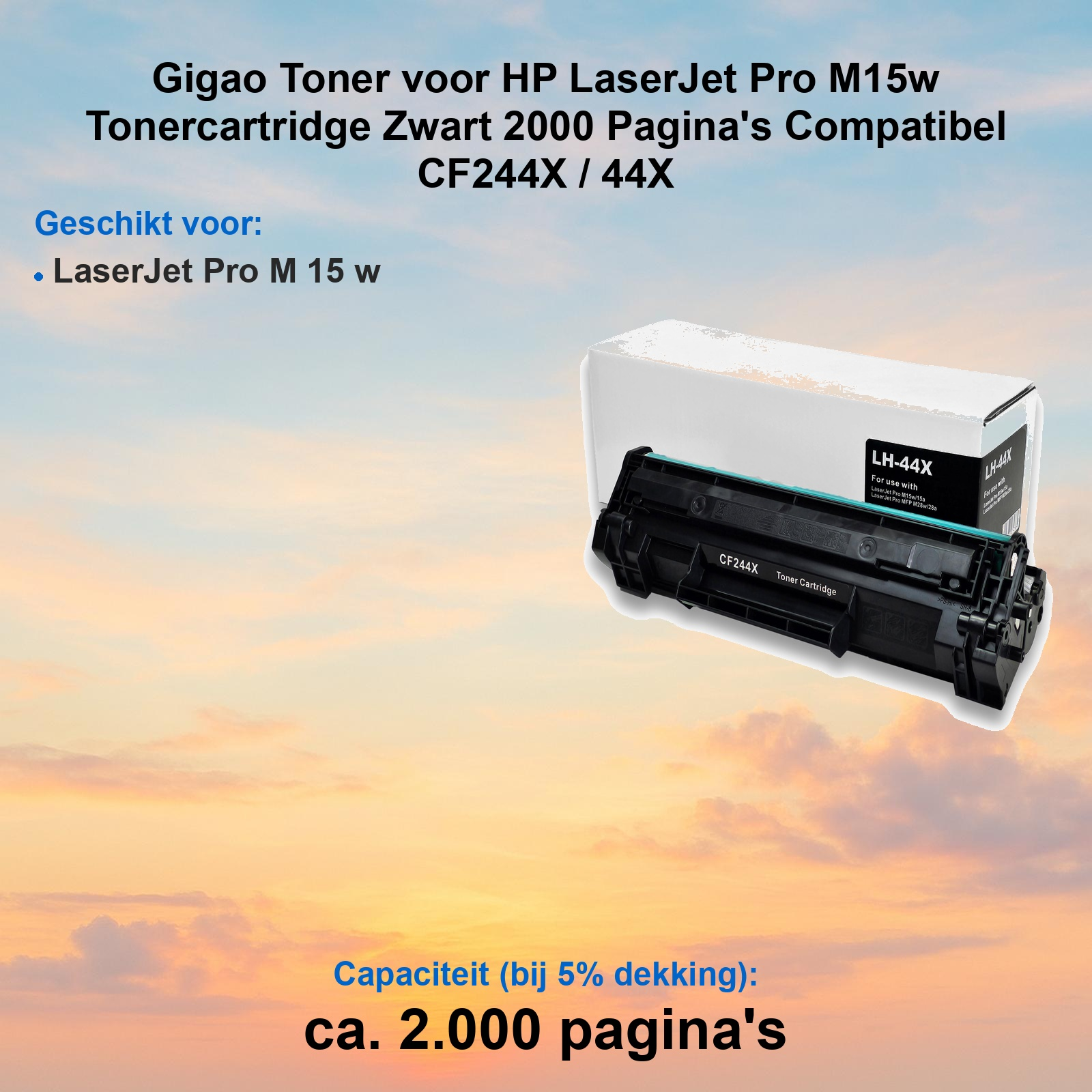 Schwarze Tonerpatrone und Verpackung für HP LaserJet Pro M15w vor Sonnenuntergang.
