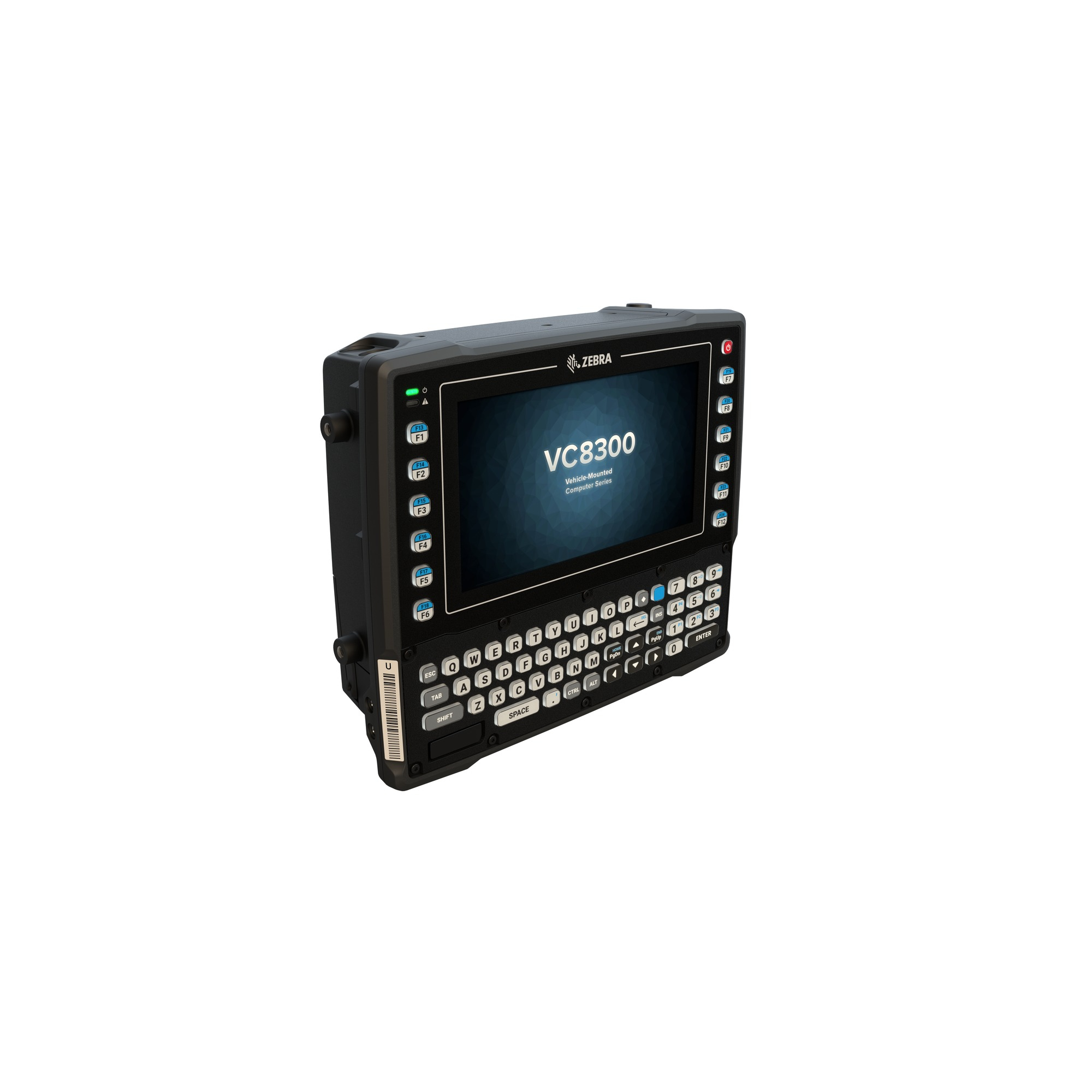 Computer di bordo Zebra VC8300 con tastiera QWERTY integrata e display su sfondo bianco.