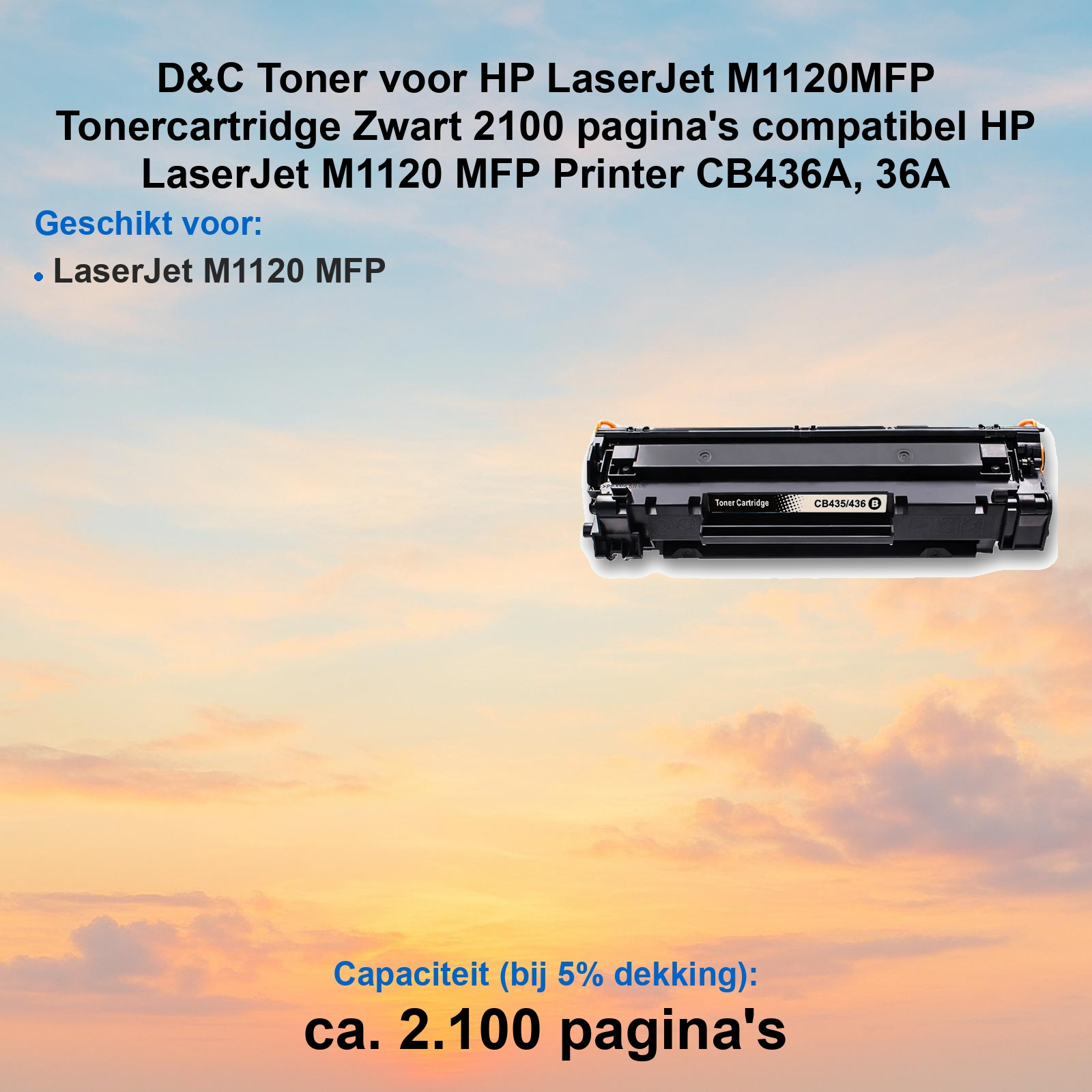 Eine schwarze Tonerkassette vor Sonnenuntergangshimmel mit niederländischem Text.