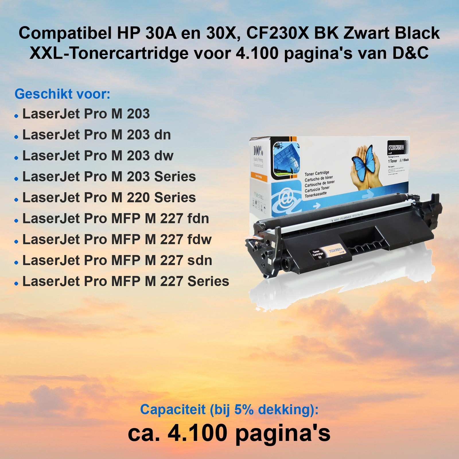 Eine schwarze Tonerpatrone und Verpackung vor Abendhimmel mit kompatiblen HP Druckermodellen.