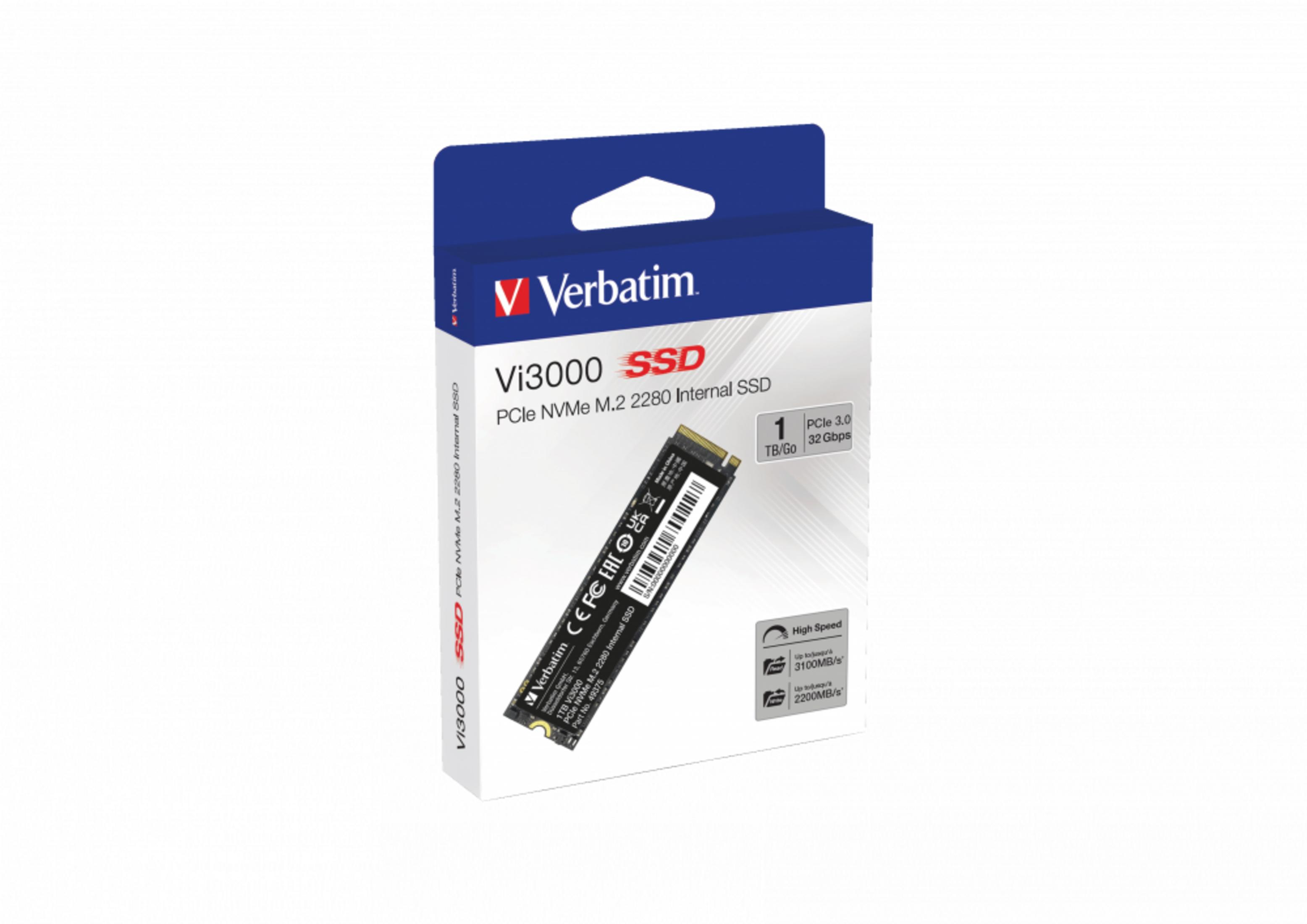 Embalaje para un SSD interno Verbatim Vi3000 PCIe NVMe M.2 2280 de 1 TB de capacidad.