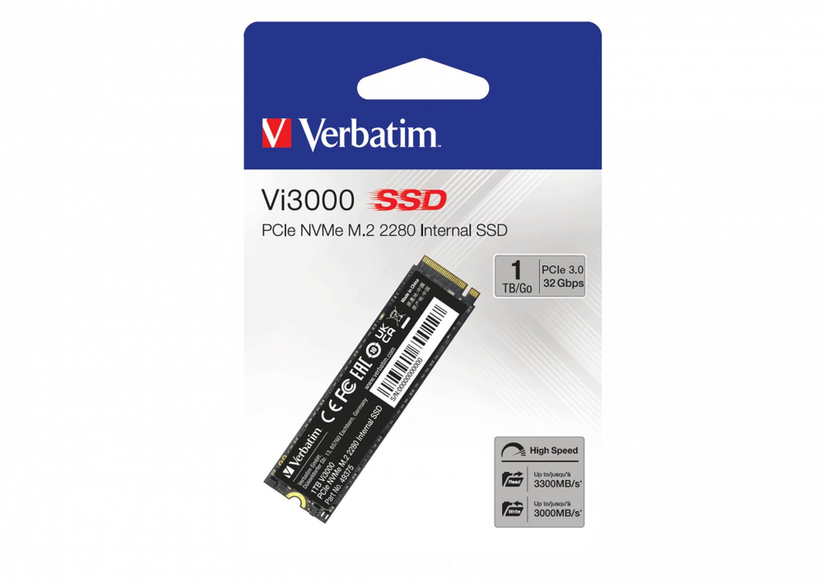 SSD interno Verbatim Vi3000 PCIe NVMe M.2 2280 1TB en su embalaje de producto.
