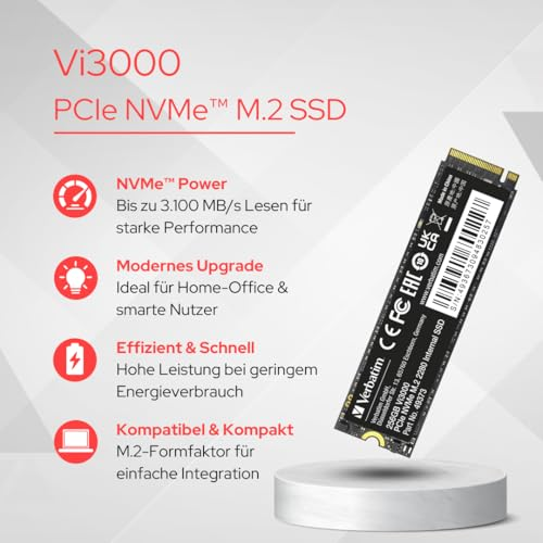 SSD M.2 PCIe NVMe Verbatim Vi3000 en un pedestal con características en fondo rojo.