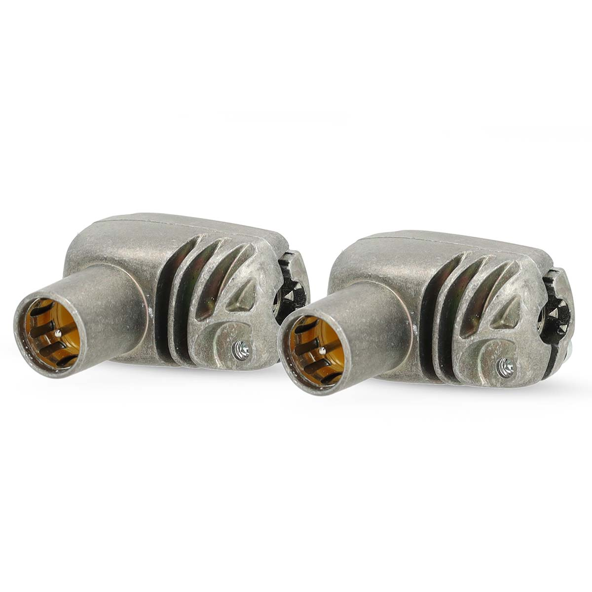 Zwei silberne Metallverbinder mit gelben Kontakten und geripptem Design auf weißem Hintergrund.