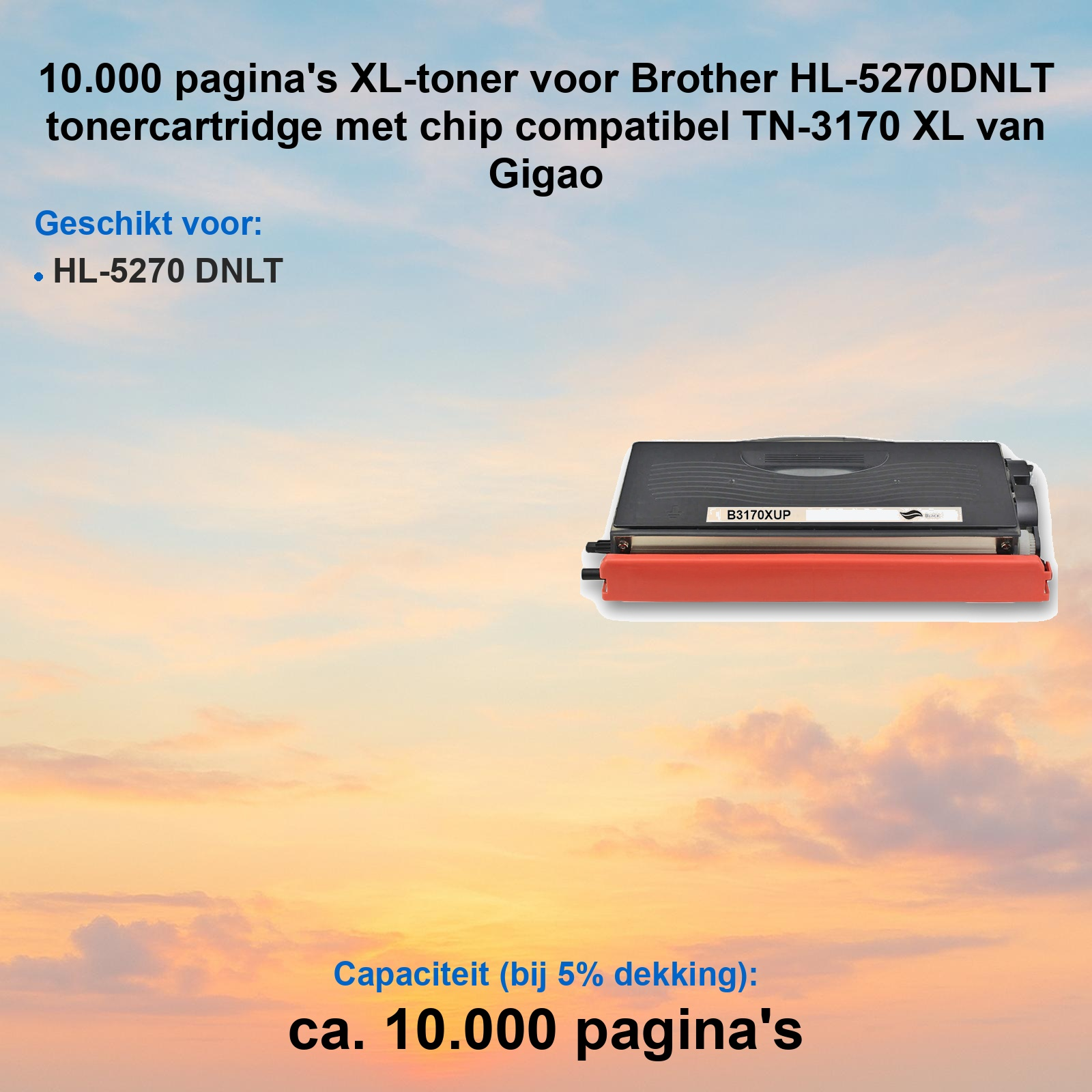 Schwarze Tonerpatrone Gigao TN-3170 XL mit roter Schutzkappe vor einem Hintergrund aus Wolken und Sonnenuntergang.
