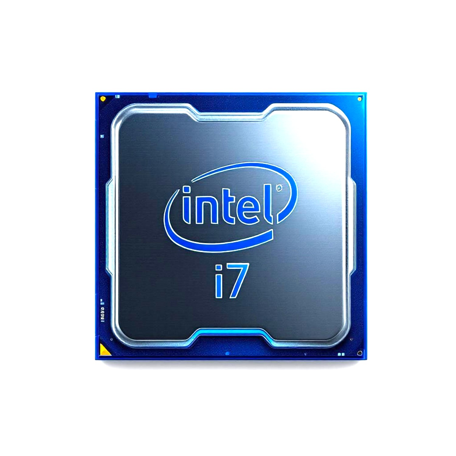 Un chip de procesador Intel Core i7 sobre un fondo azul y plateado, con el logotipo de Intel y el texto i7.