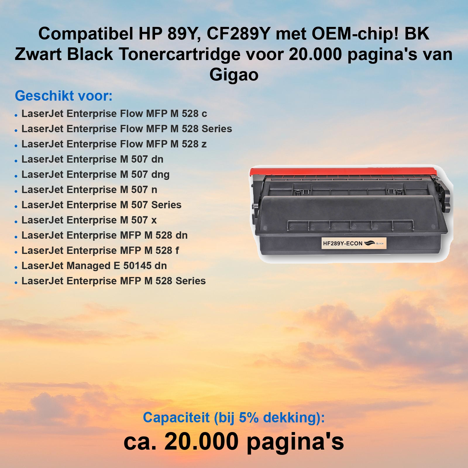 Schwarze Tonerpatrone kompatibel mit HP 89Y, gezeigt vor einem orangefarbenen Sonnenuntergangshintergrund.