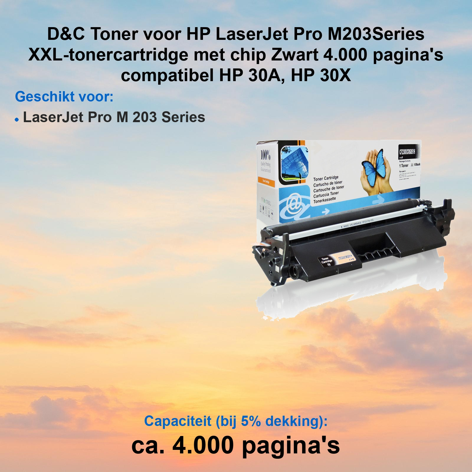 Eine schwarze Tonerkassette und ihre Verpackung vor einem hellen Sonnenuntergangshimmel.