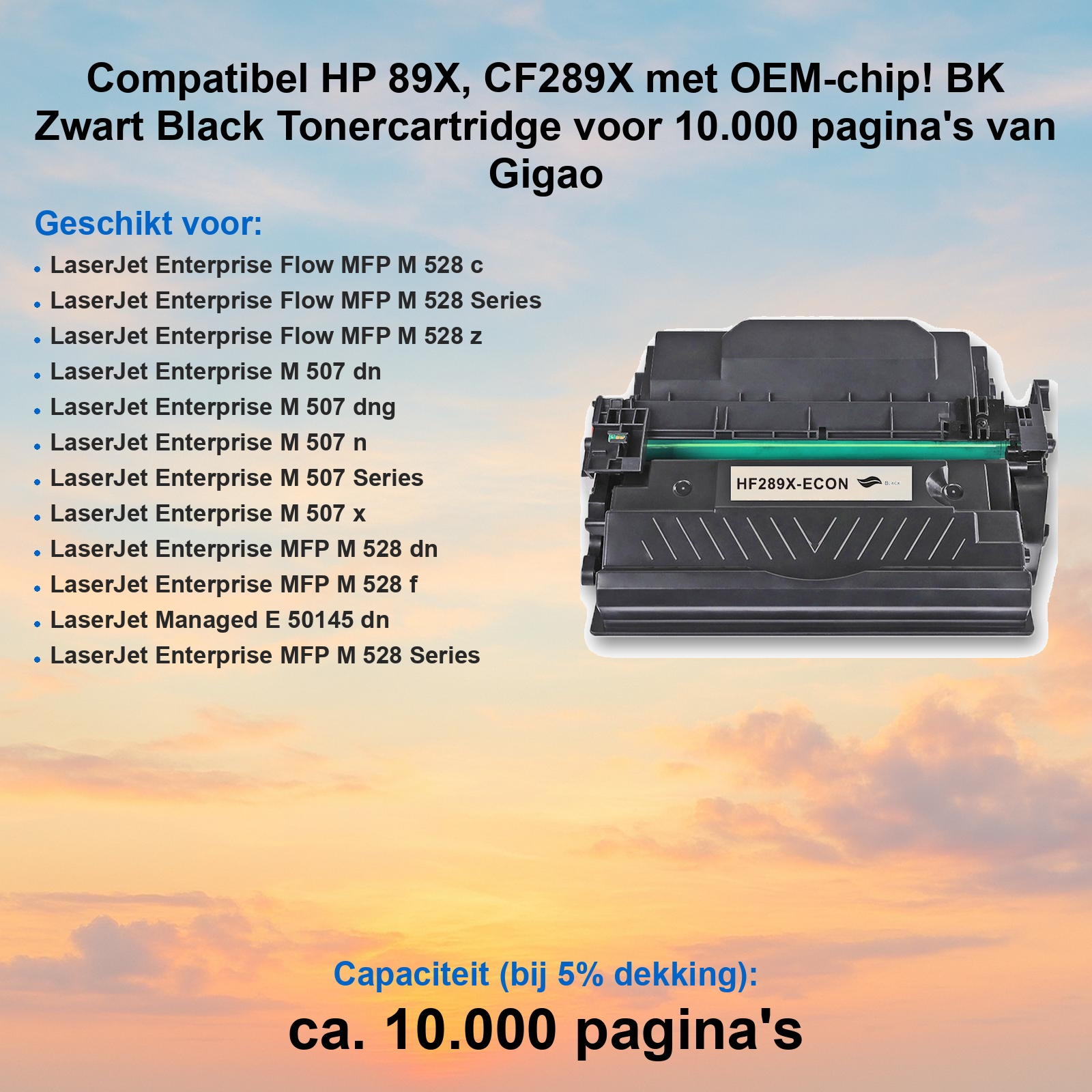 Schwarze HP 89X Tonerkartusche vor einem orangefarbenen Sonnenuntergangshintergrund mit Text.