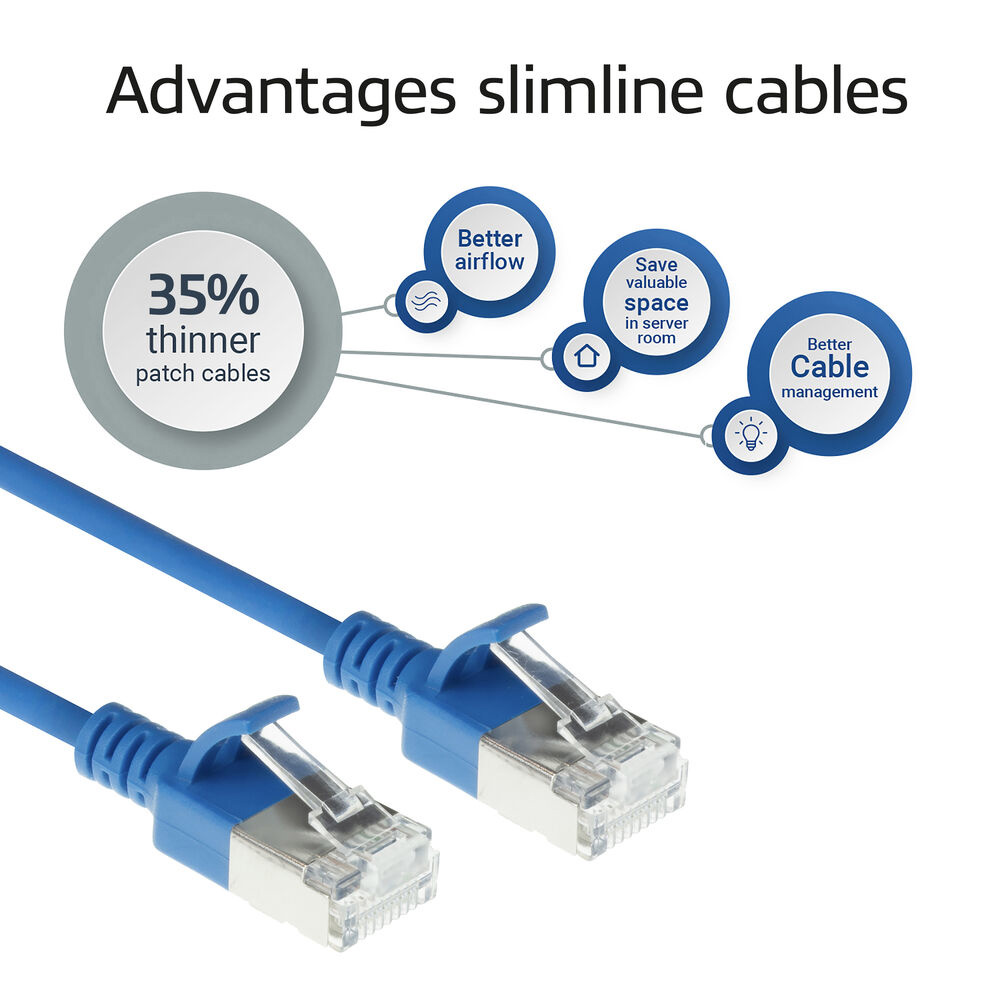 Infografik zeigt Vorteile von Slimline-Patchkabeln mit Platzersparnis, besserem Luftstrom und Kabelmanagement.
