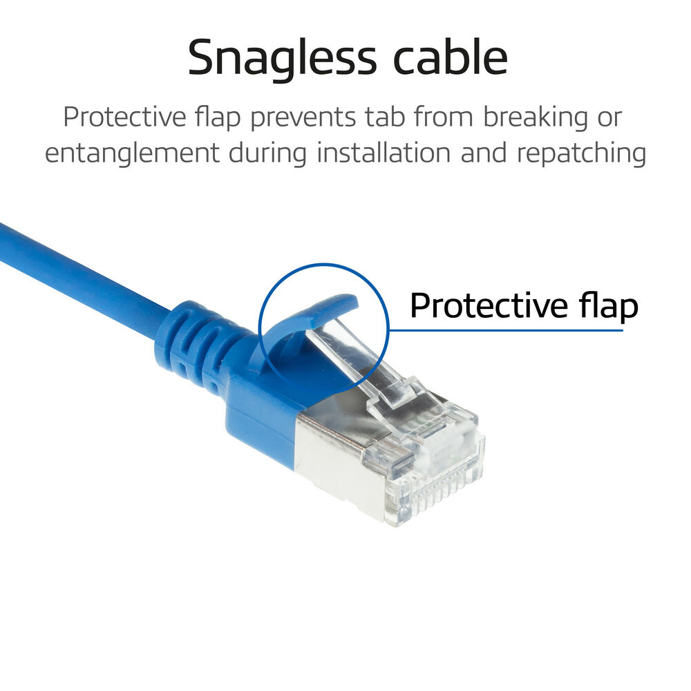 Diagramm eines blauen Netzwerkkabels mit einer schützenden Lasche über dem Stecker.