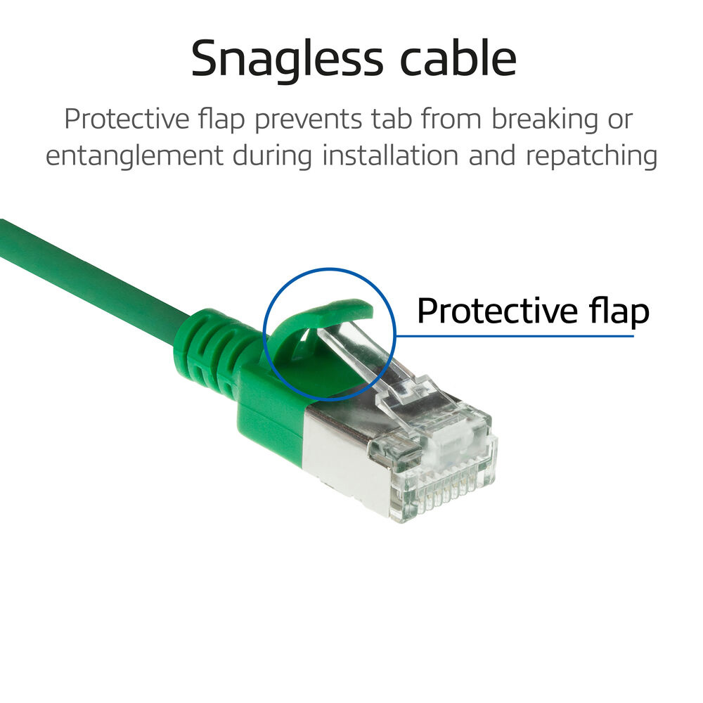 Ein grünes Netzwerkkabel mit einer schützenden Lasche über dem Stecker.