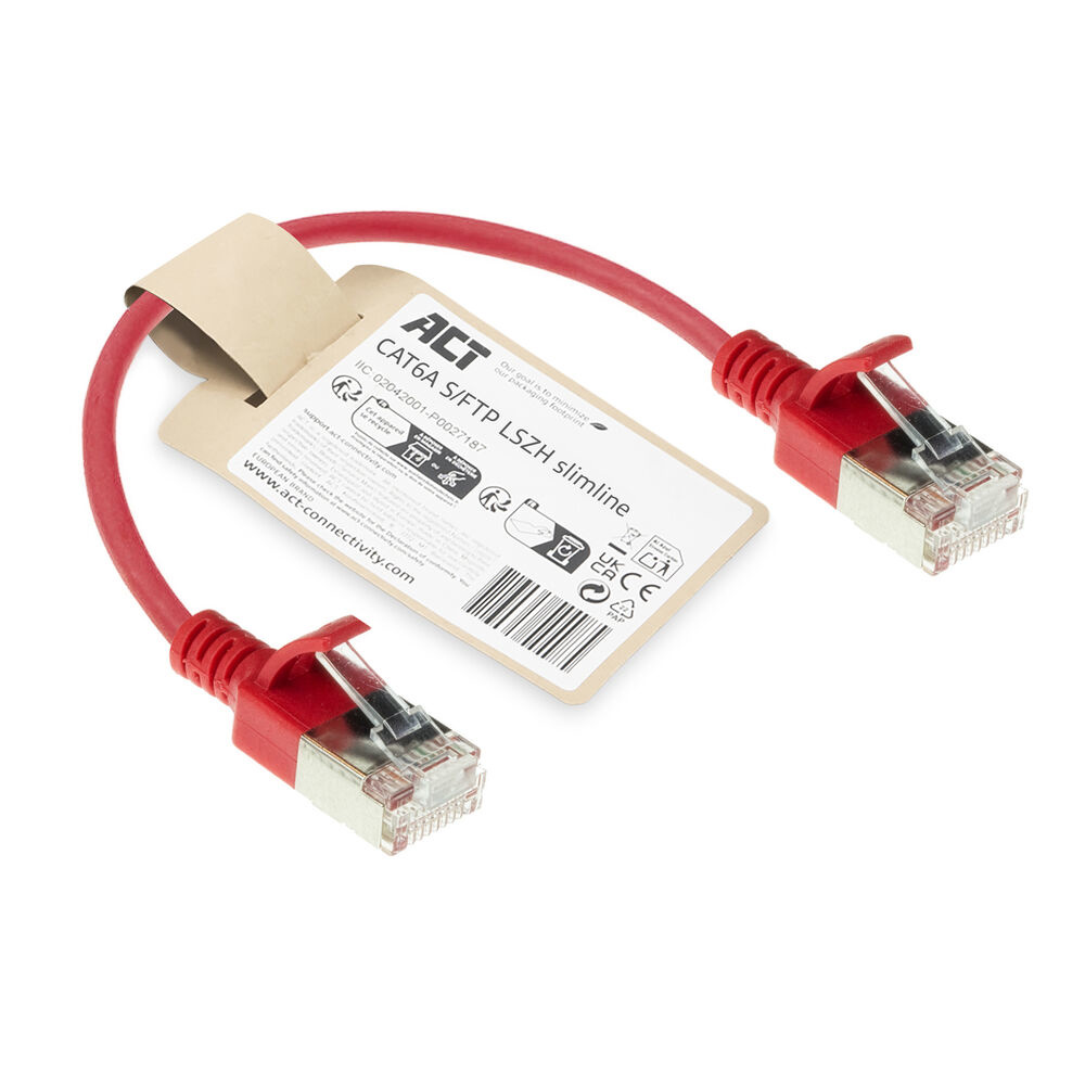 Rotes CAT6A S/FTP LSZH Slimline-Ethernet-Kabel mit RJ45-Steckern und verpackt mit Etikett.