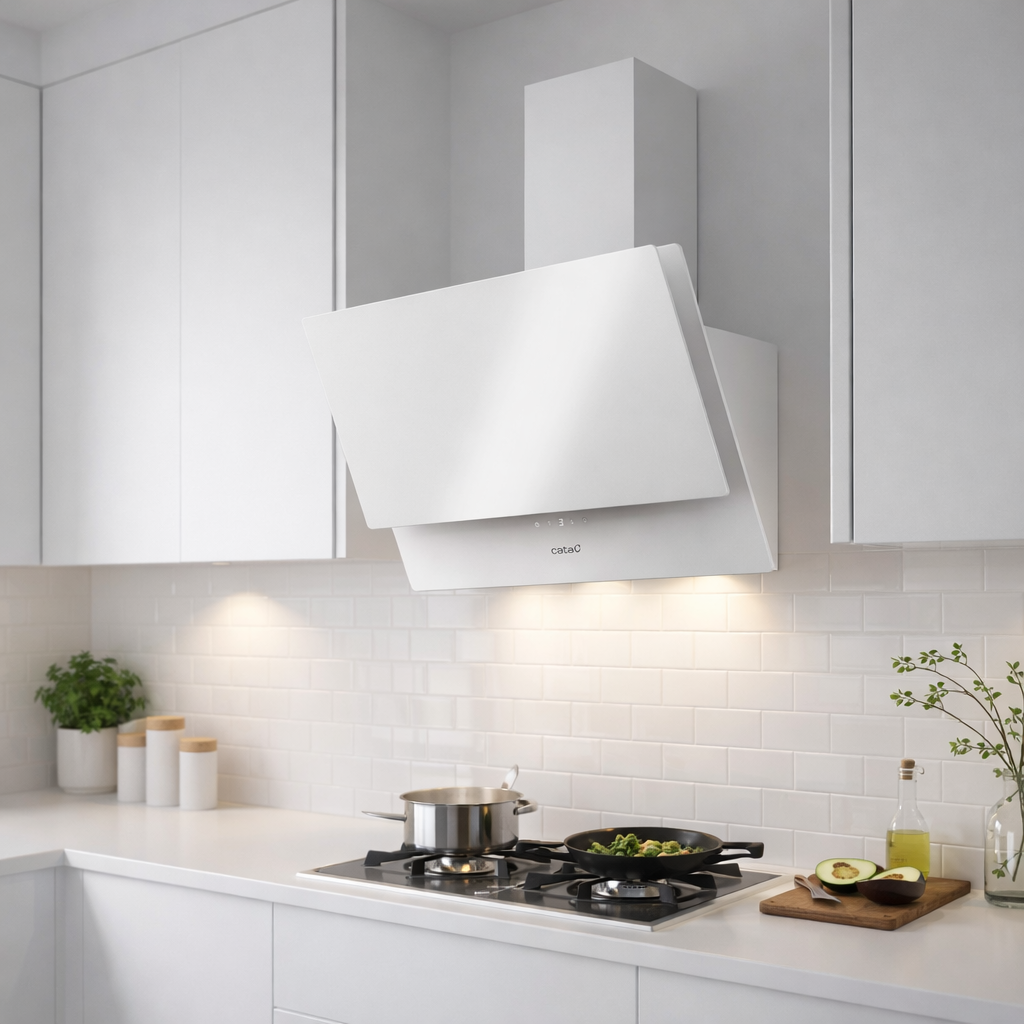 Una cocina moderna y blanca con armarios blancos, campana extractora, placa con utensilios y azulejos.