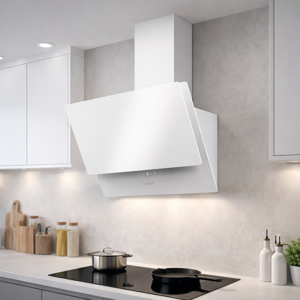 Moderna campana extractora blanca sobre una placa en una cocina con armarios blancos.