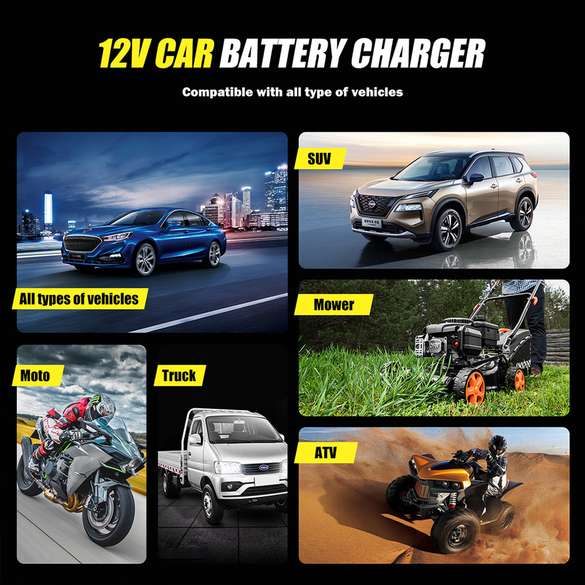 12V-Autobatterieladegerät für Autos, SUVs, Mähdrescher, Motorräder, LKWs und ATVs.