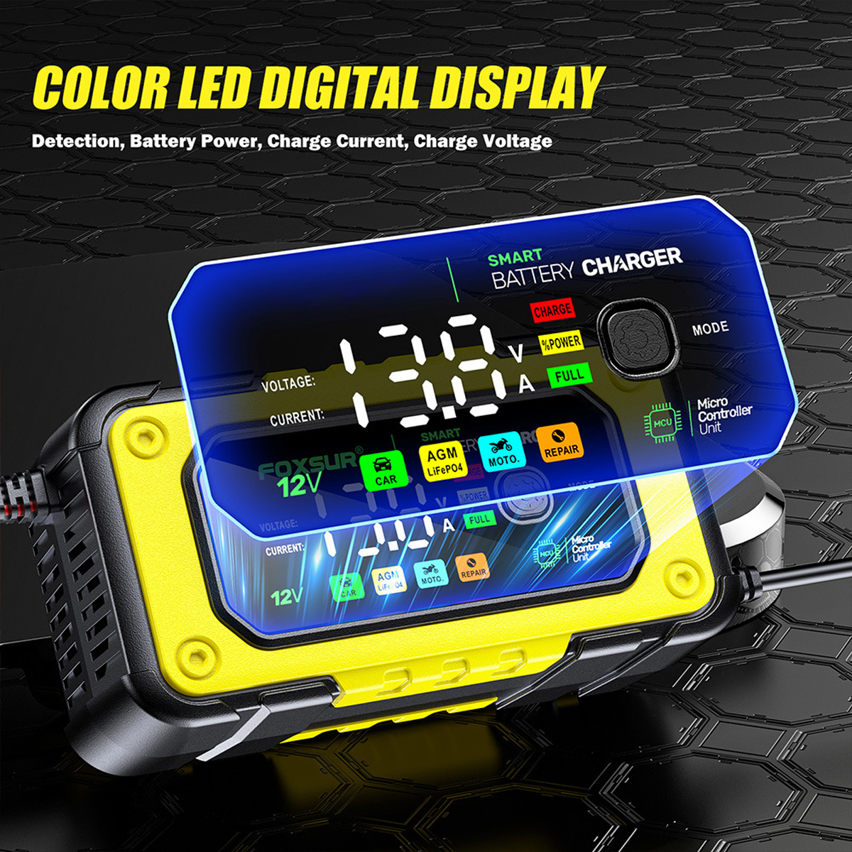 Intelligentes Autobatterieladegerät mit digitalem LED-Display, verschiedenen Lademodi und Spannungsanzeige.