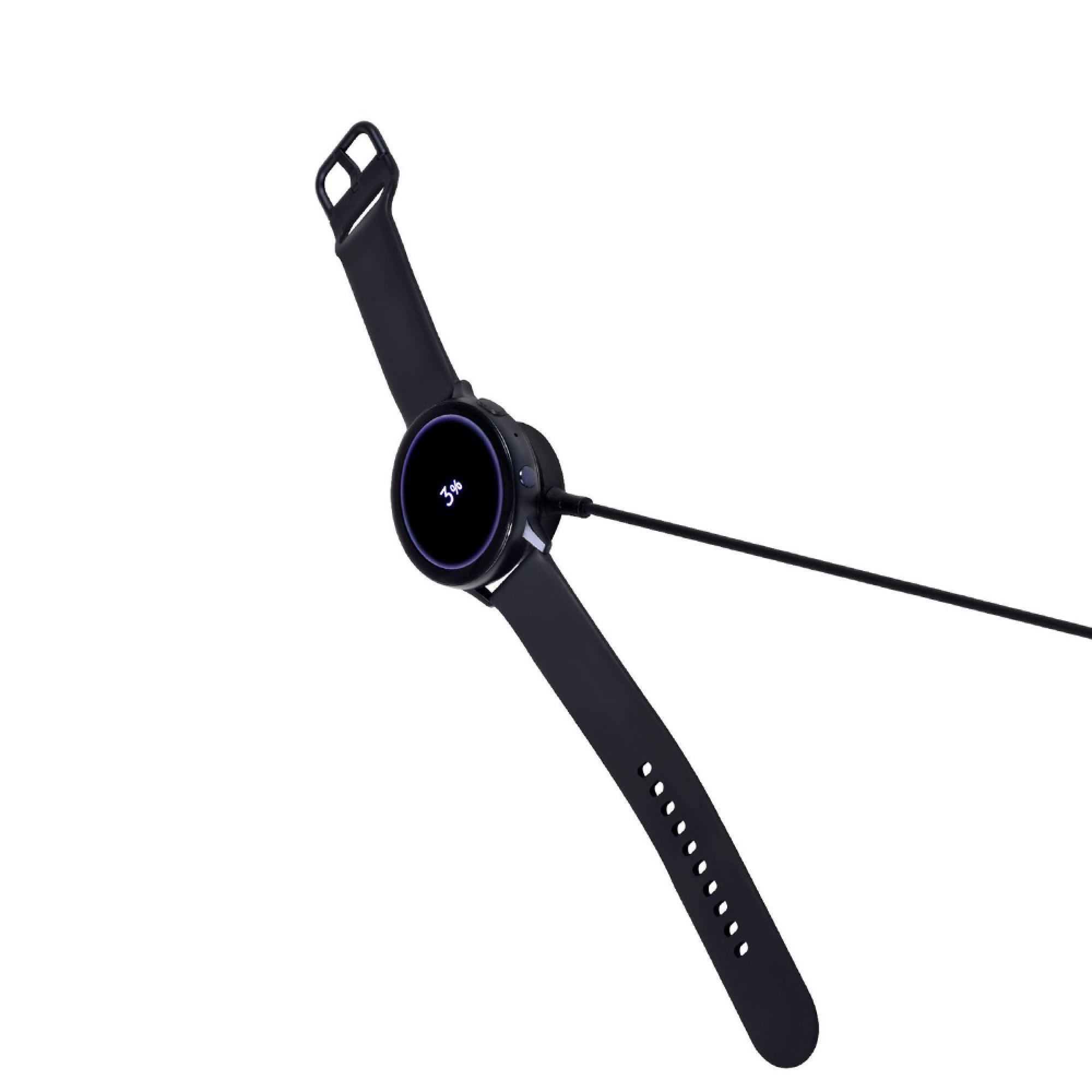 Eine schwarze Smartwatch mit Ladekabel zeigt ein Display mit 3% Akku.