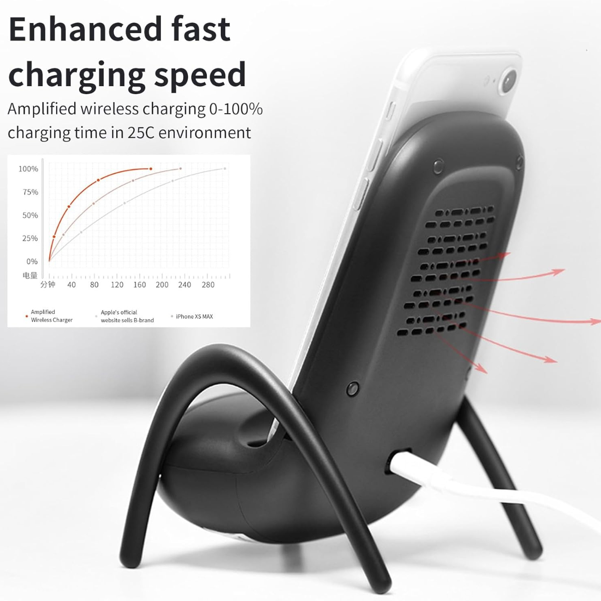 Ein Smartphone steht in einem schwarzen, stiftartigen kabellosen Ladegerät mit integriertem Kühler.