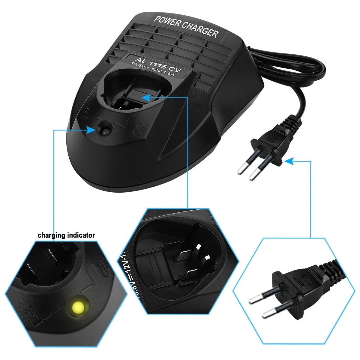 Schwarzes Power-Ladegerät mit Ladeanzeige, Steckplatz und Stecker, hervorgehoben in drei Ausschnitten.