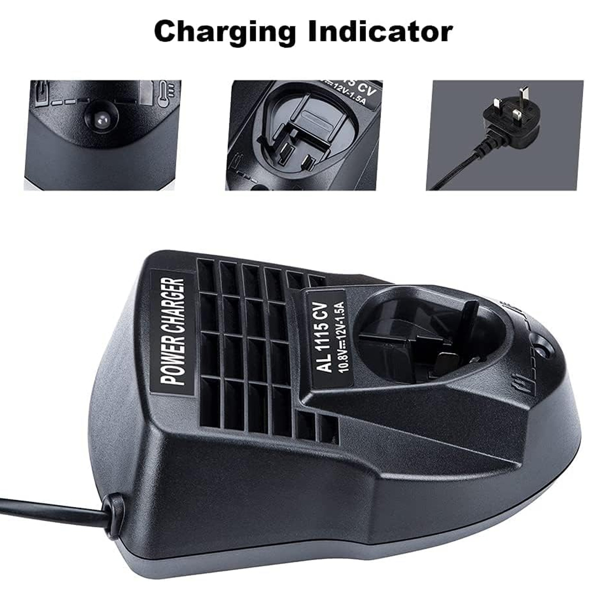 Schwarzes Ladegerät mit Ladeanzeige, Batterieanschluss und Netzstecker.